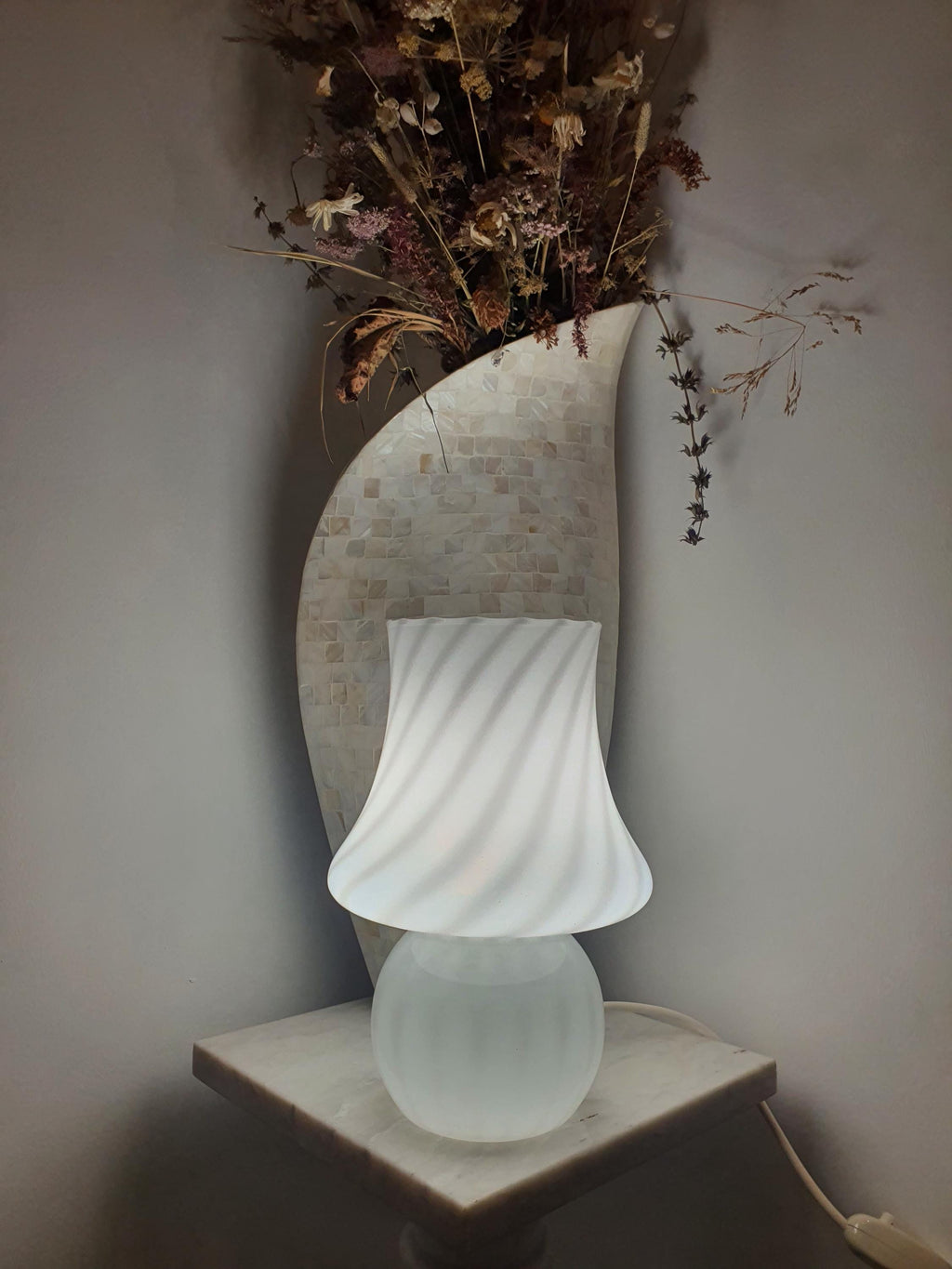 Vintage Murano Glass Mushroom Lamp: White Swirl Scandinavian Bedside Light