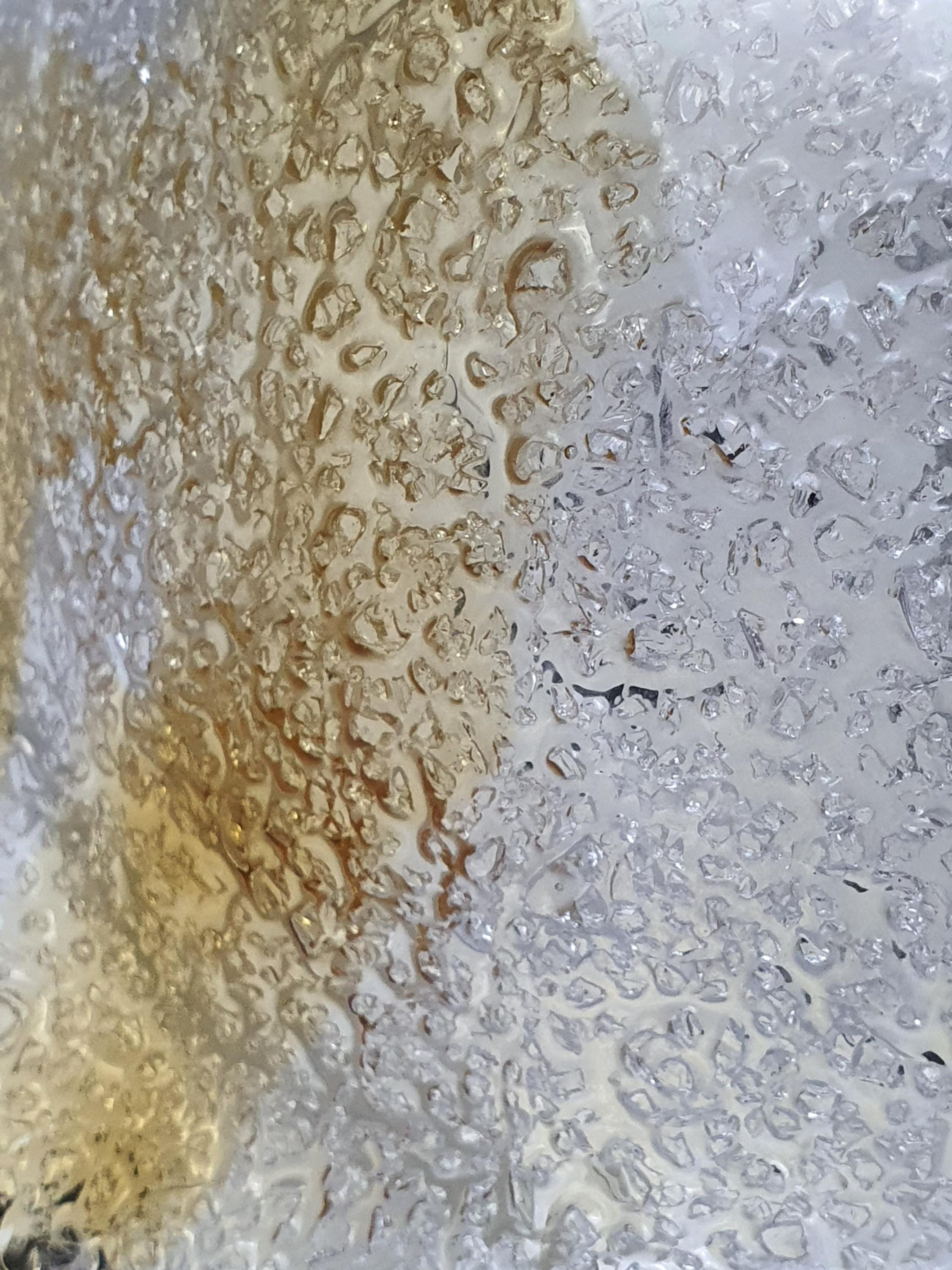 Amber inclusion detail glowing through ghiacciato iced glass, vintage Mazzega Murano square light, 1960s–1970s Italy