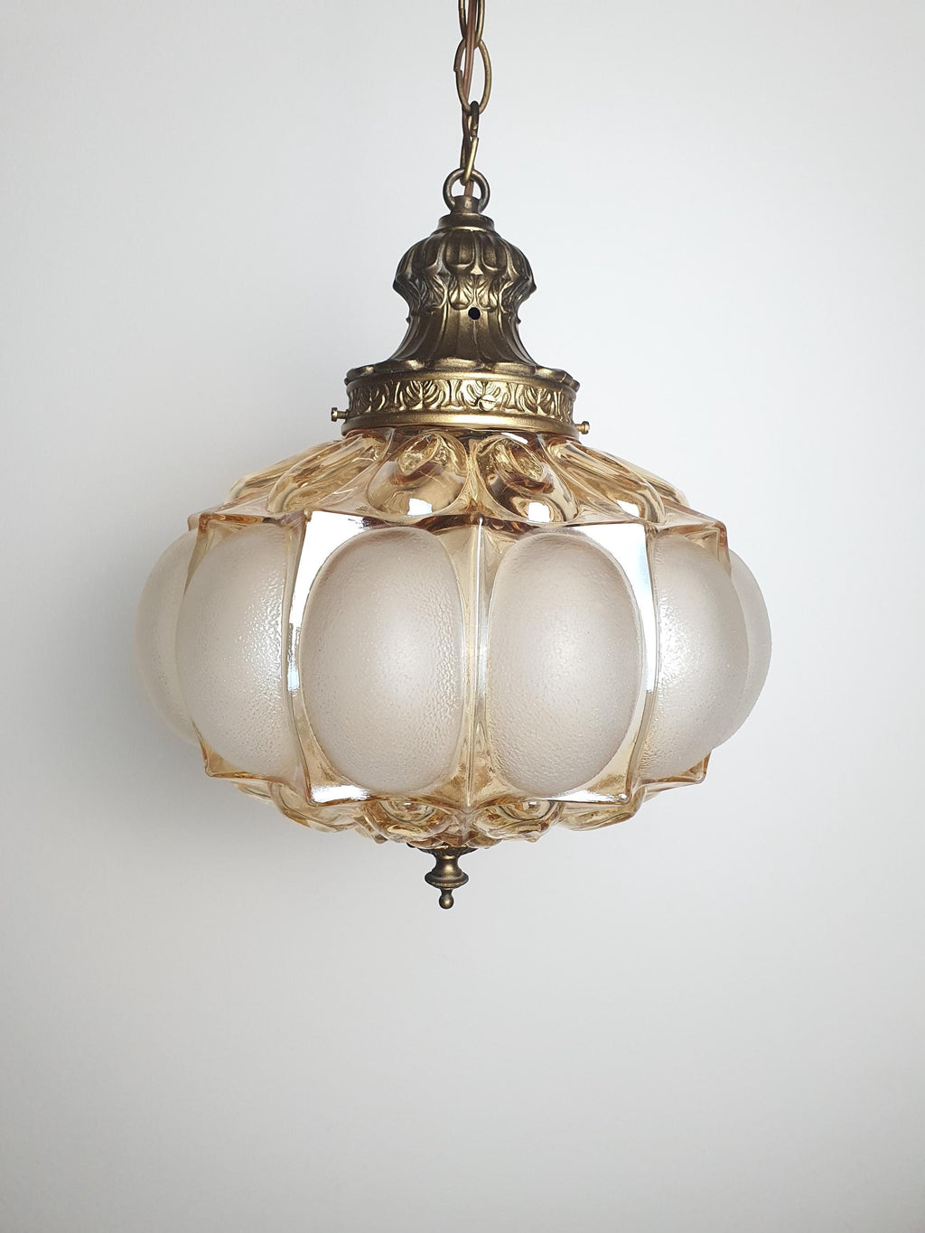 Art Deco Pendant Light – Stamped Beige Glass with Pearl Finish & Bronze Fixture
