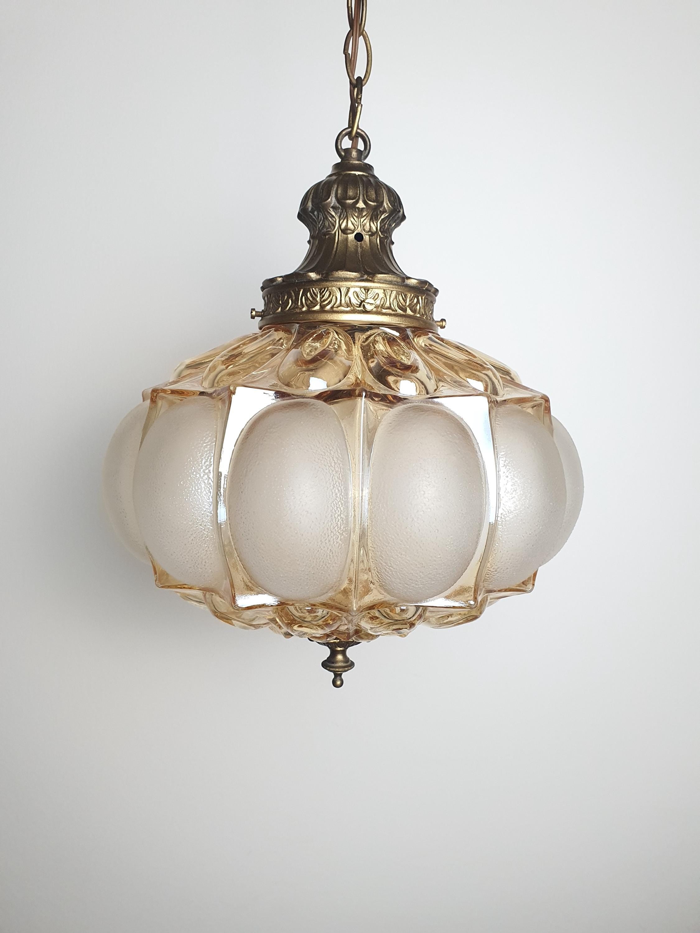 Art Deco Pendant Light – Stamped Beige Glass with Pearl Finish & Bronze Fixture