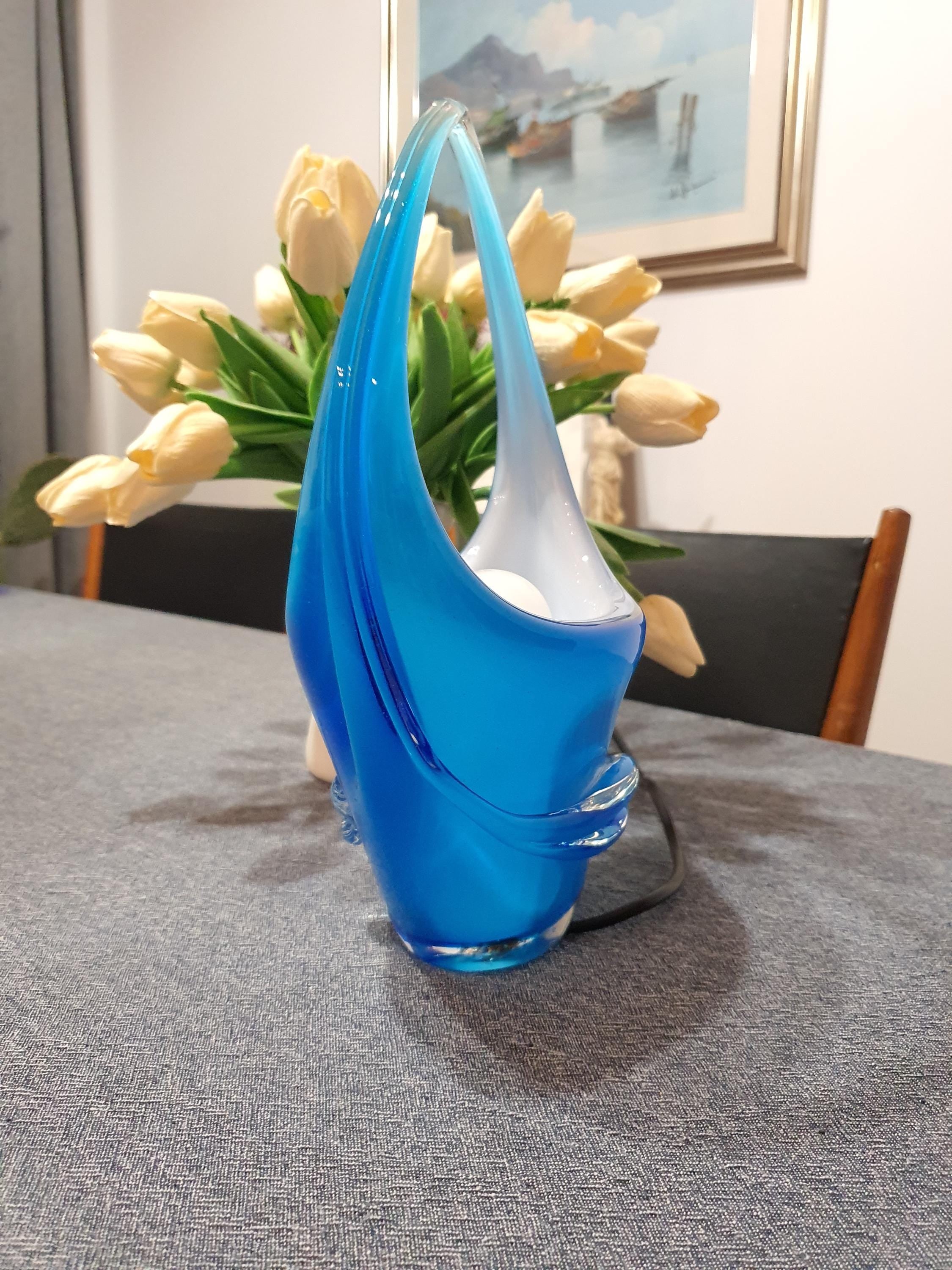 Blue Murano Glass Table Lamp: Italian Vintage Art Deco Bedside Light