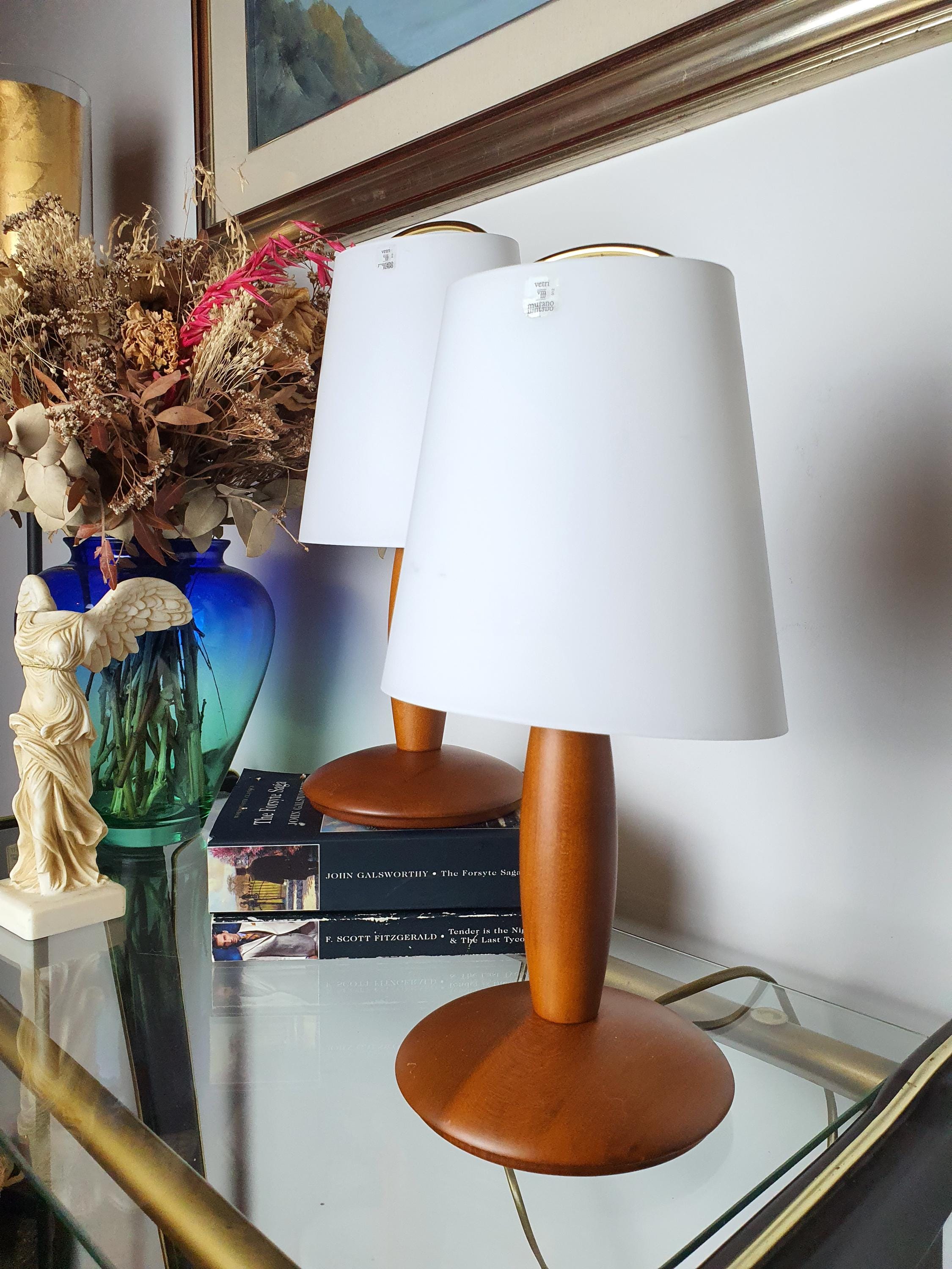 Due P. Vintage Murano Glass Desk Lamps | Pair of Italian Midcentury Wooden-Base Lights
