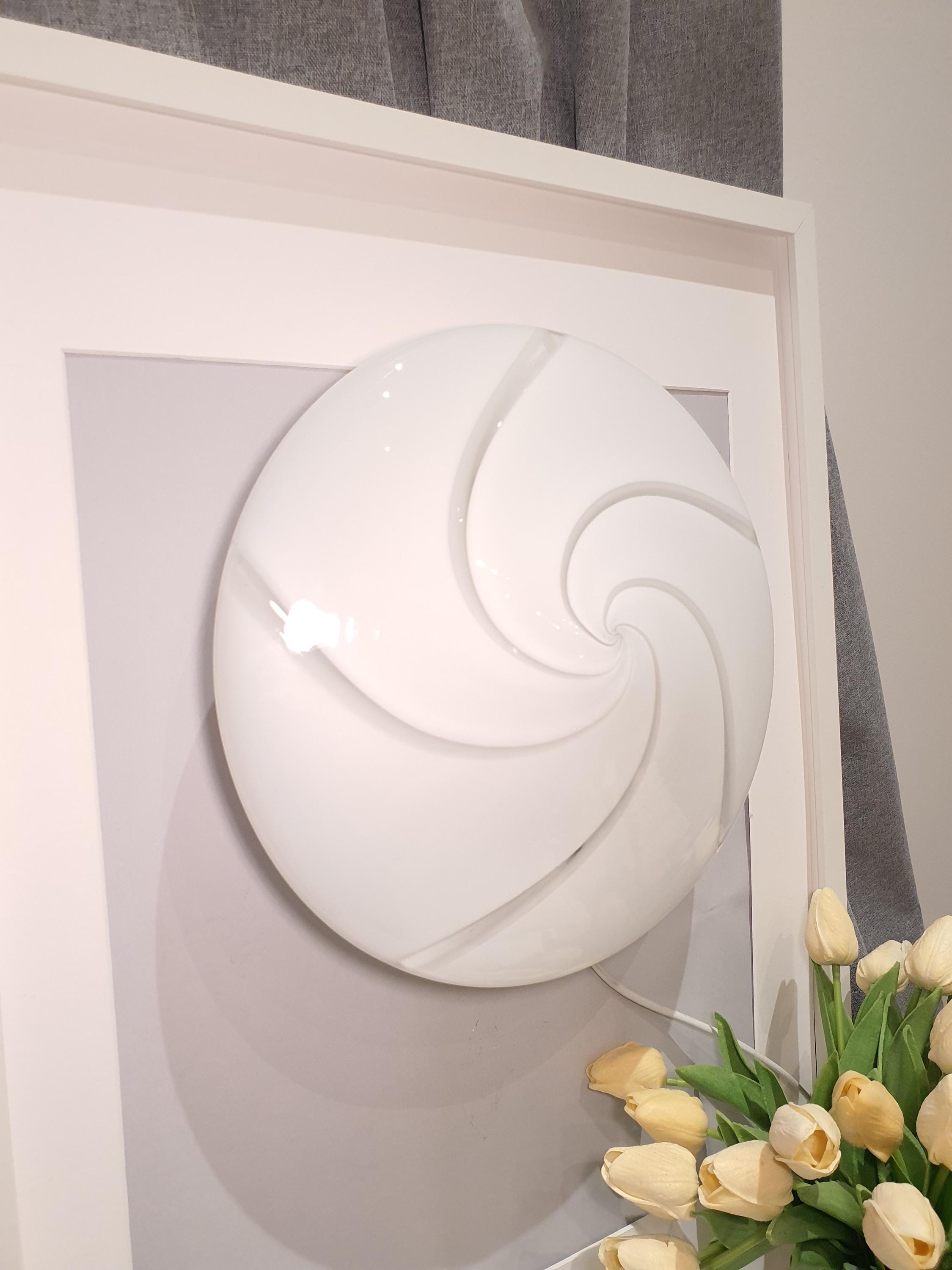 Vintage Murano Glass Flush Mount Light: White Swirl MCM Retro Lamp