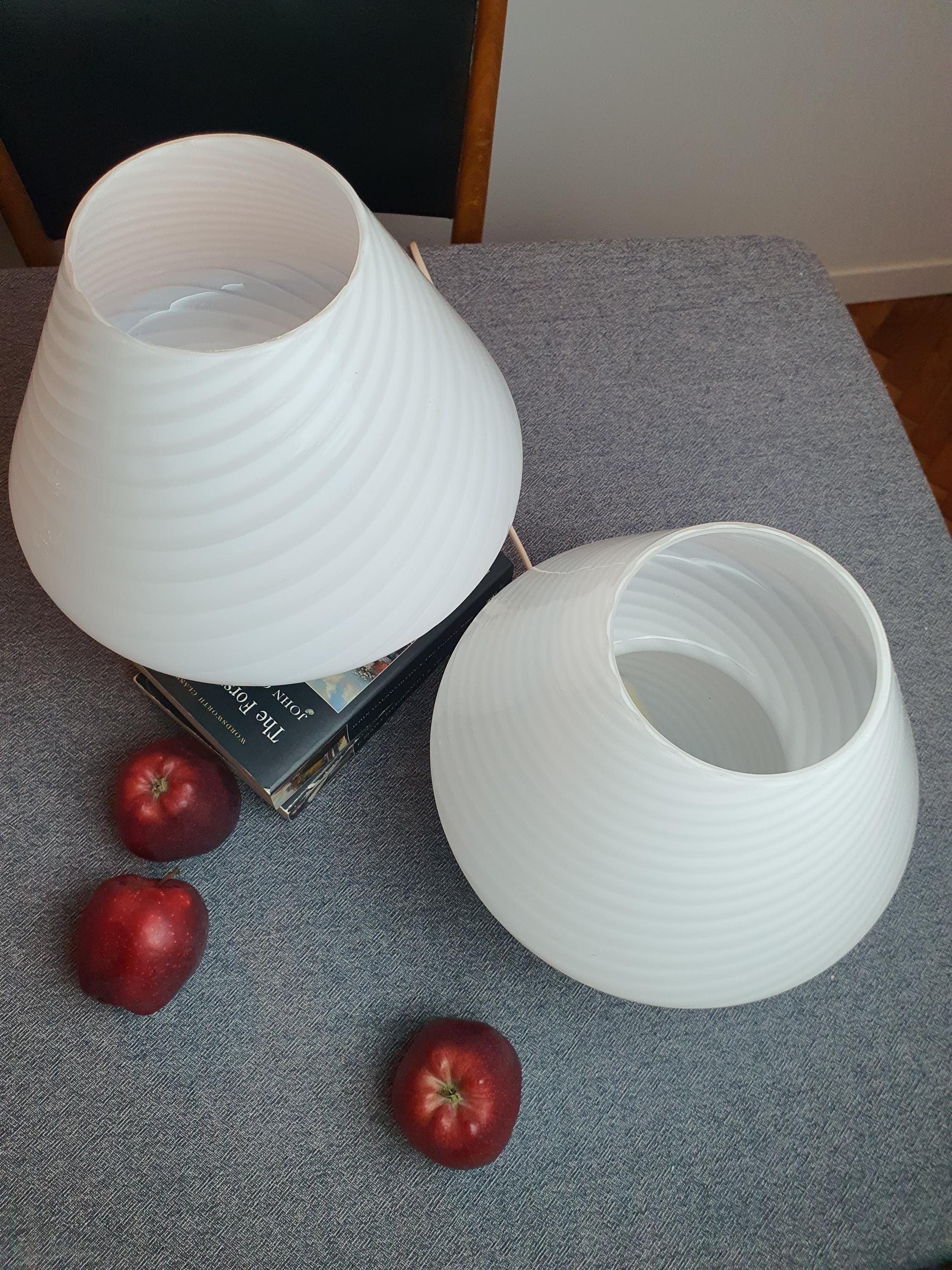Pair of Vintage Murano Glass White Swirl Mushroom Bedside Lamps