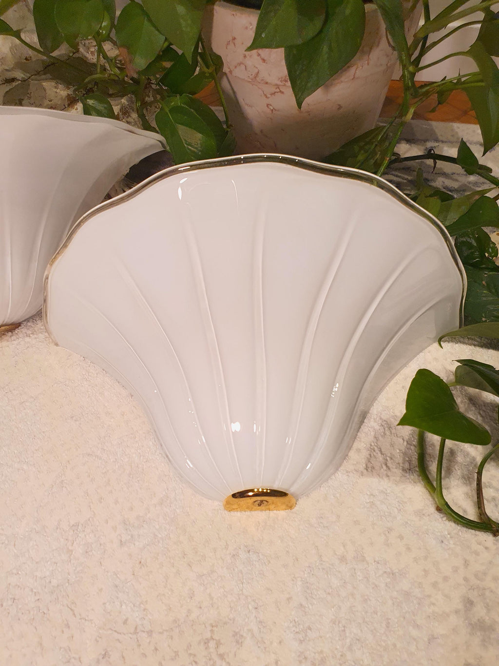 De Majo Vintage Murano Glass Wall Sconces: White Floral Shell Lights