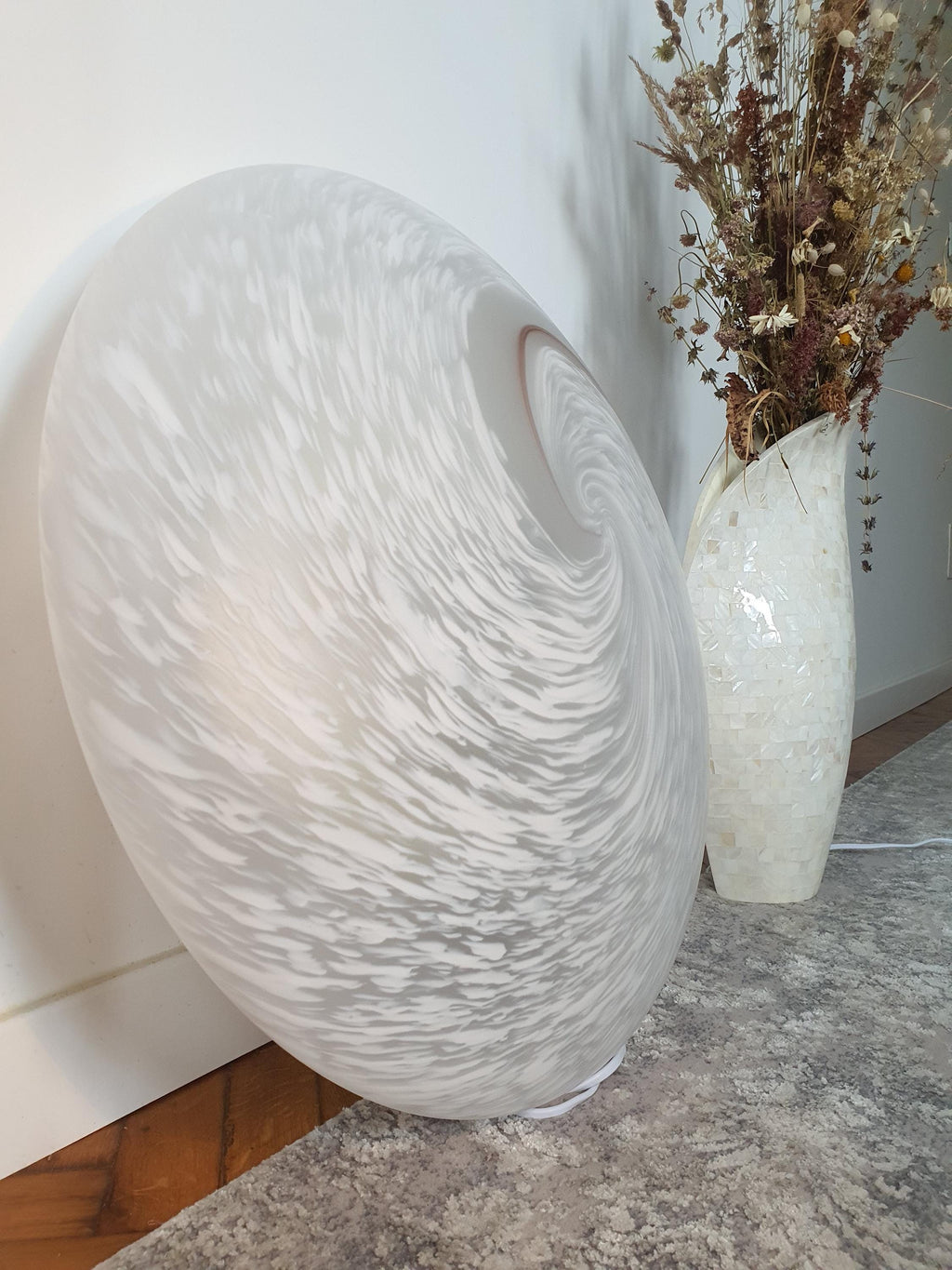 XL Vintage Murano Glass Flush Mount Light: White Brown Swirl, Mid-Century Modern