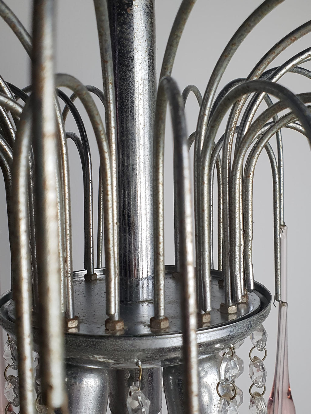 Vintage Murano Glass Pink Teardrops Chandelier | Chrome Base Hollywood Regency Lighting