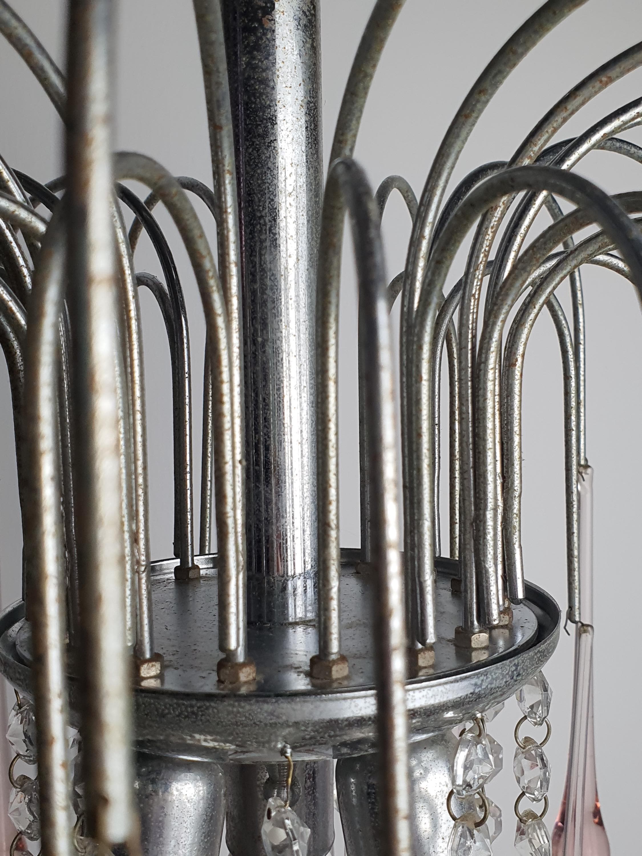 Vintage Murano Glass Pink Teardrops Chandelier | Chrome Base Hollywood Regency Lighting