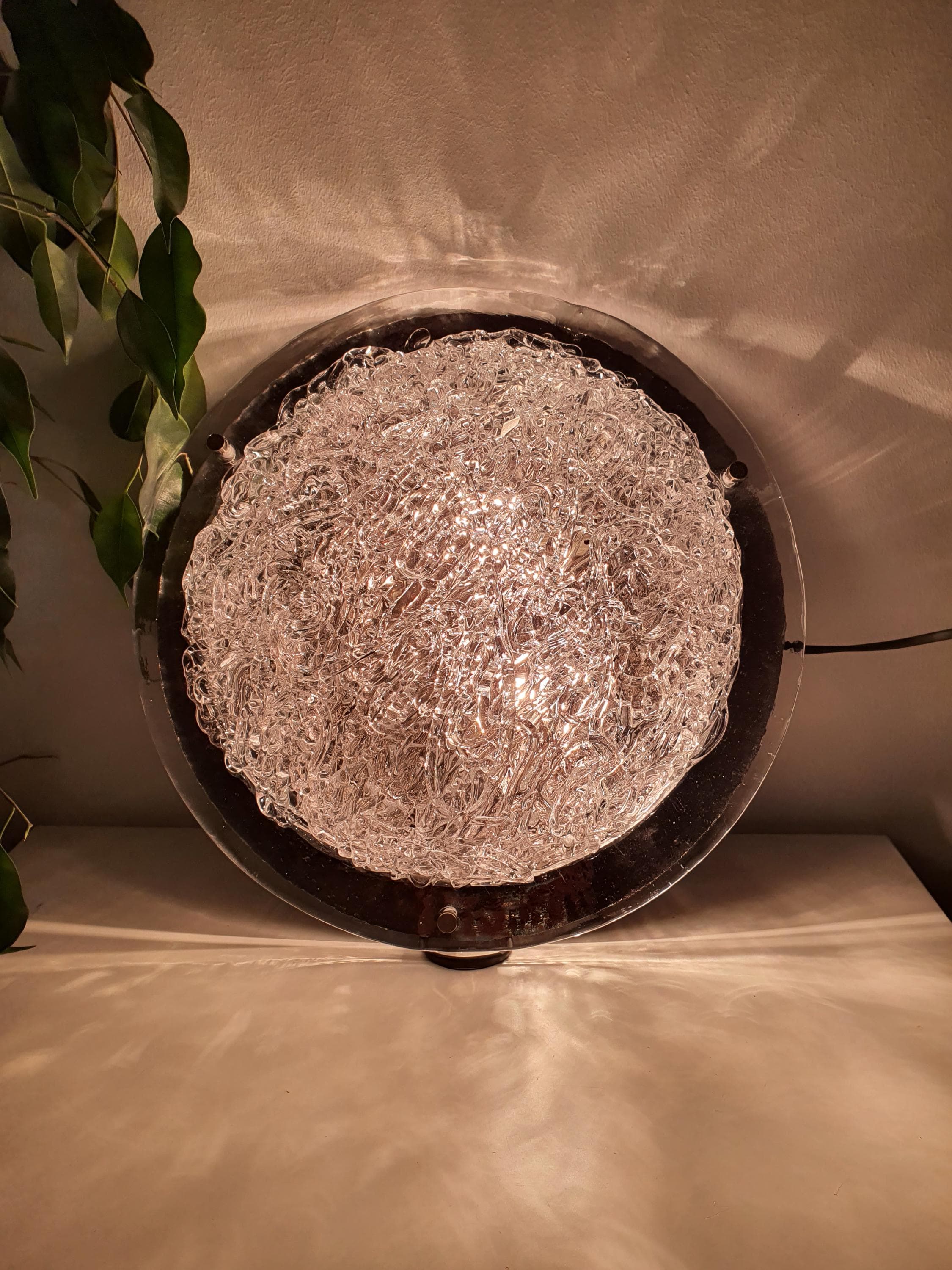 Vintage Clear Murano Glass Flush Mount Light | Chrome Base | Italian Mid-Century Fixture