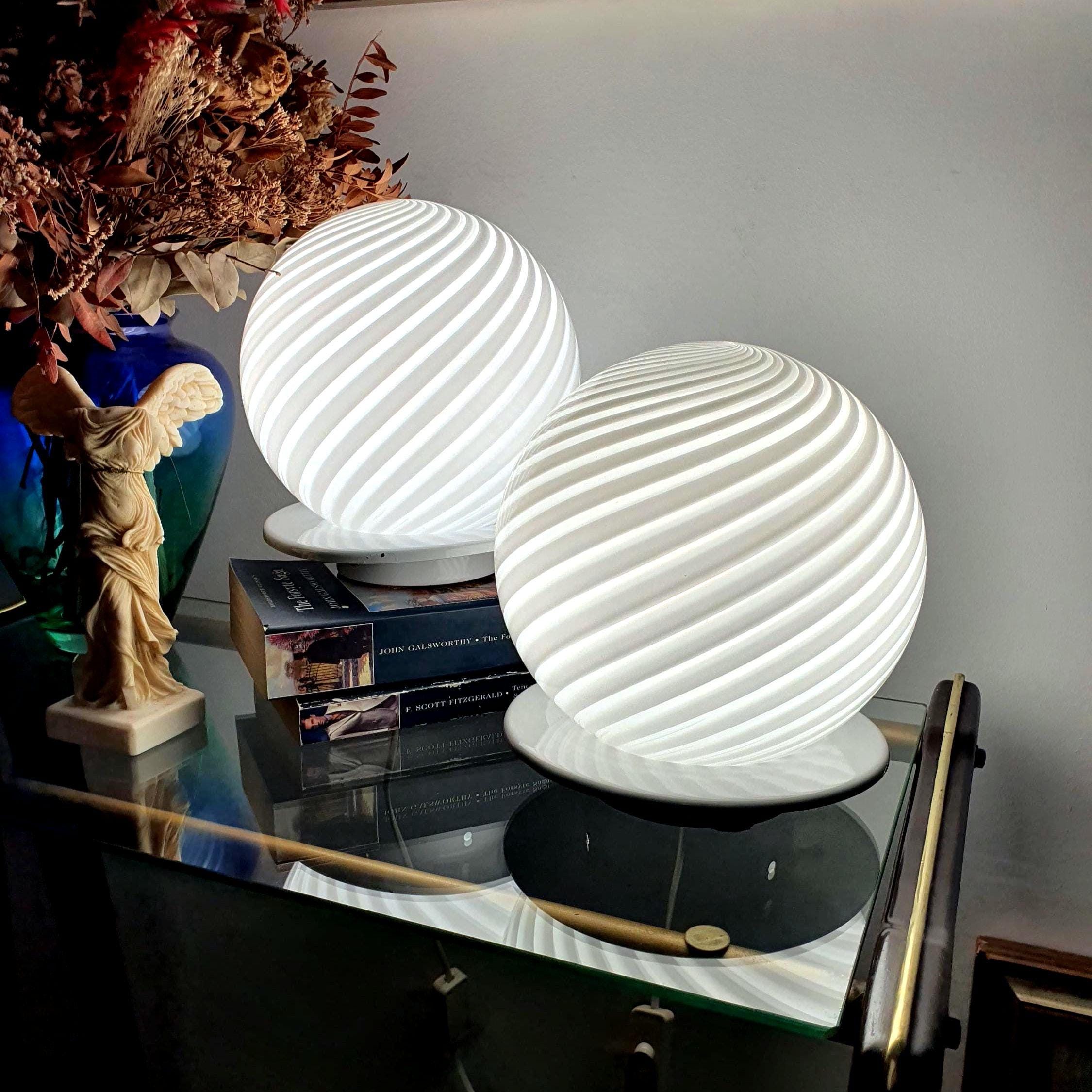 Murano Glass Table Lamps: White Swirl Globe, Mid-Century Modern, Italian Vintage Pair