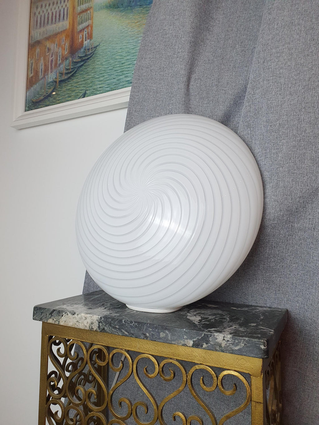 Signed De Majo Murano Glass Flush Mount: White Swirl Italian Lighting