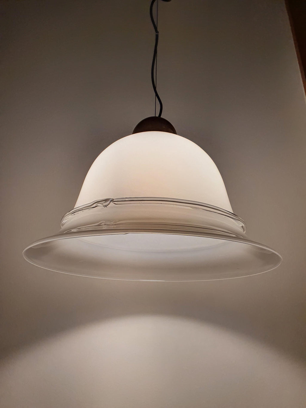 Vintage Murano Glass White Bell Pendant Light with Clear Bow Detail