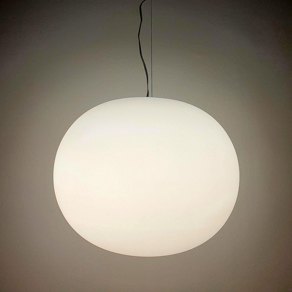 Large vintage satin opaline glass globe pendant light — minimalist Italian design, front view