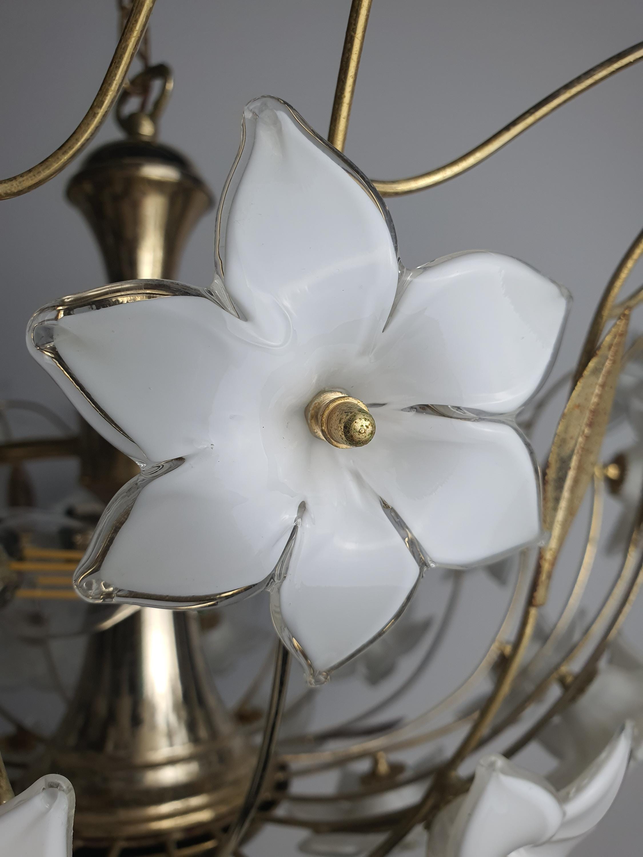 Close-up of white semi-translucent handcrafted Murano glass flowers on 1980s floral chandelier, Italian botanical craftsmanship