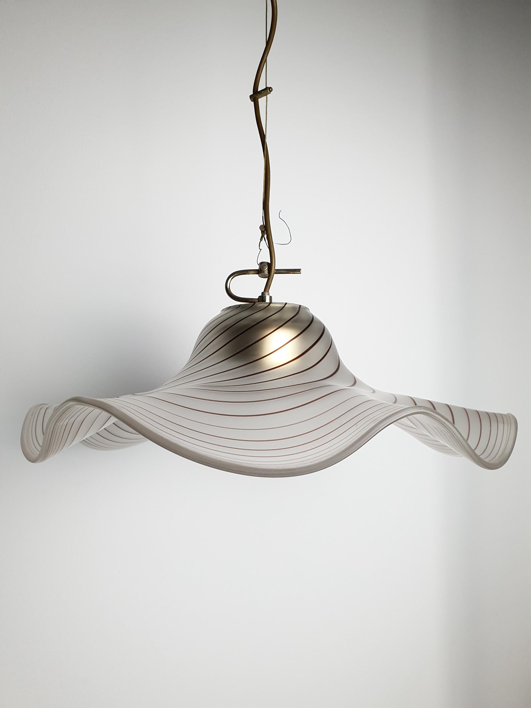 Satin Murano glass flowing organic shape accent pendant light with brown swirls