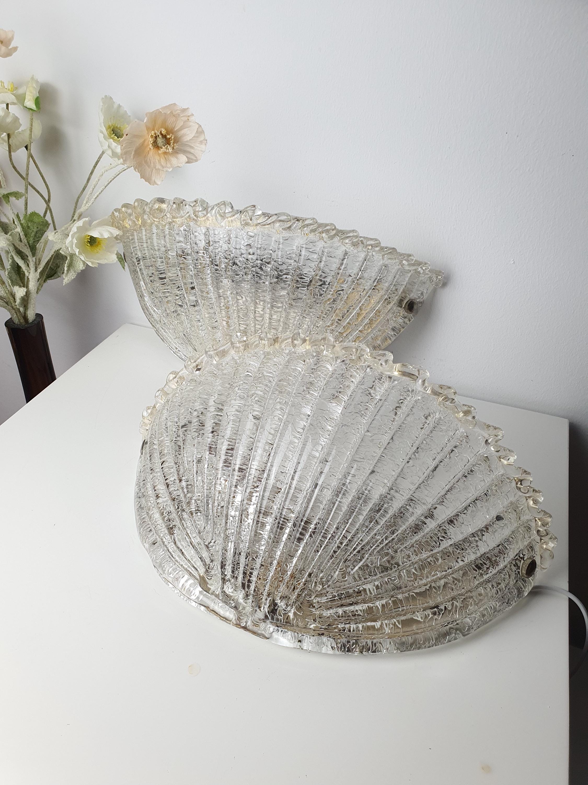 Pair of Murano Glass Shell Wall Sconces | Frosted Venetian Floral Lights | Mid-Century Italian Wall Lamps