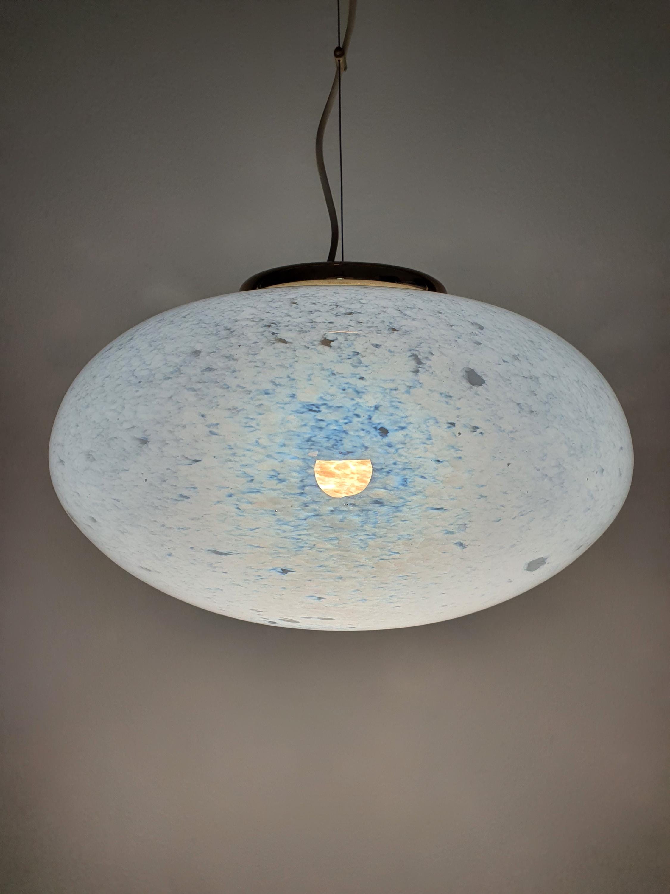 Vintage 1970s Murano glass bubbled white globe pendant light on gold fitting, Italy