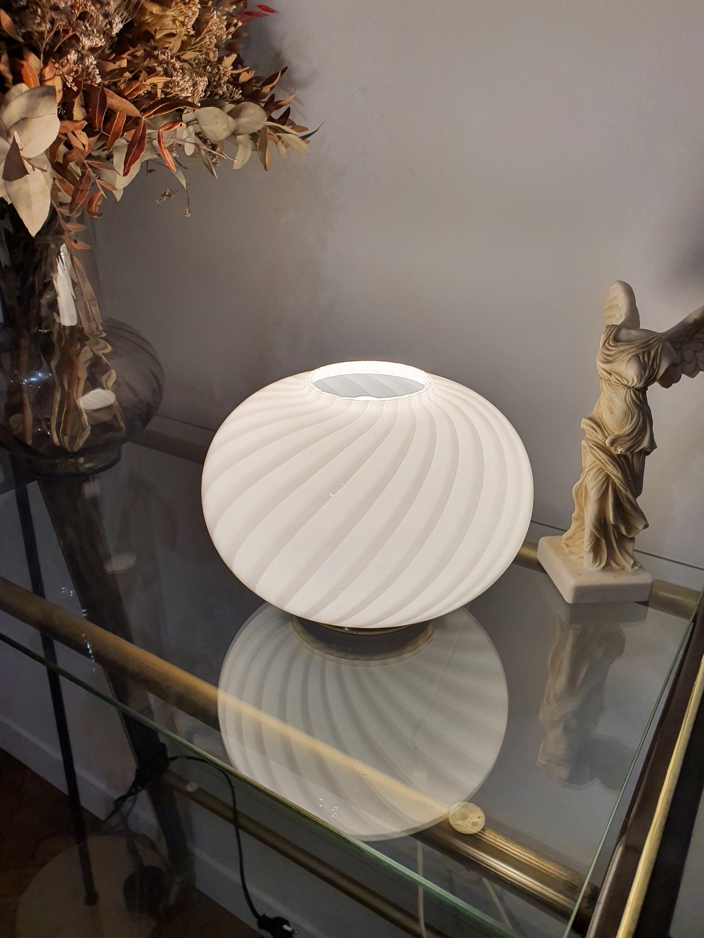 Murano Glass Table Lamp: White Swirl Globe, Golden Base, MCM Bedside Light