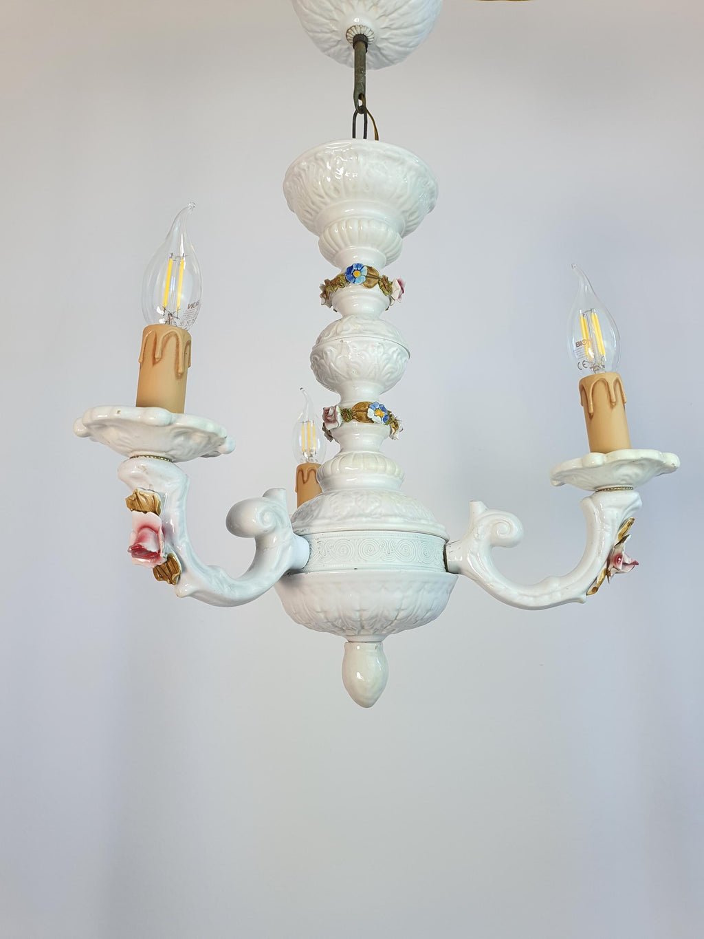 Capodimonte-style floral chandelier with pink and blue porcelain flowers

