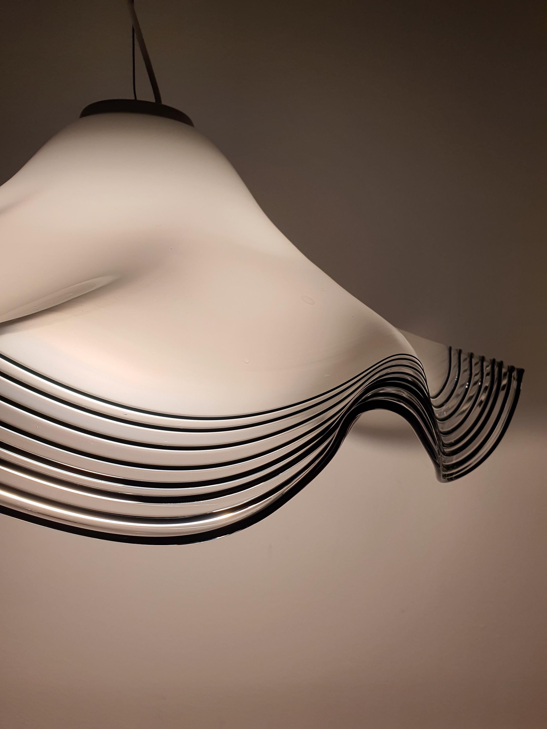 Vintage Murano Glass Pendant Light: Handkerchief Style, Black Stripe Edge