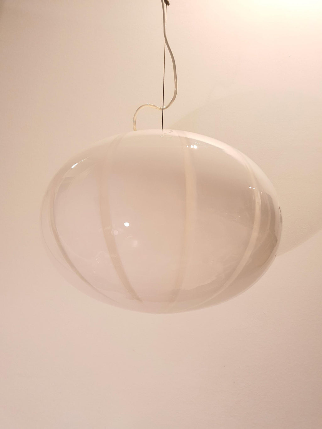 Vintage Murano Glass Globe Pendant Light: Striped White Ball Lamp