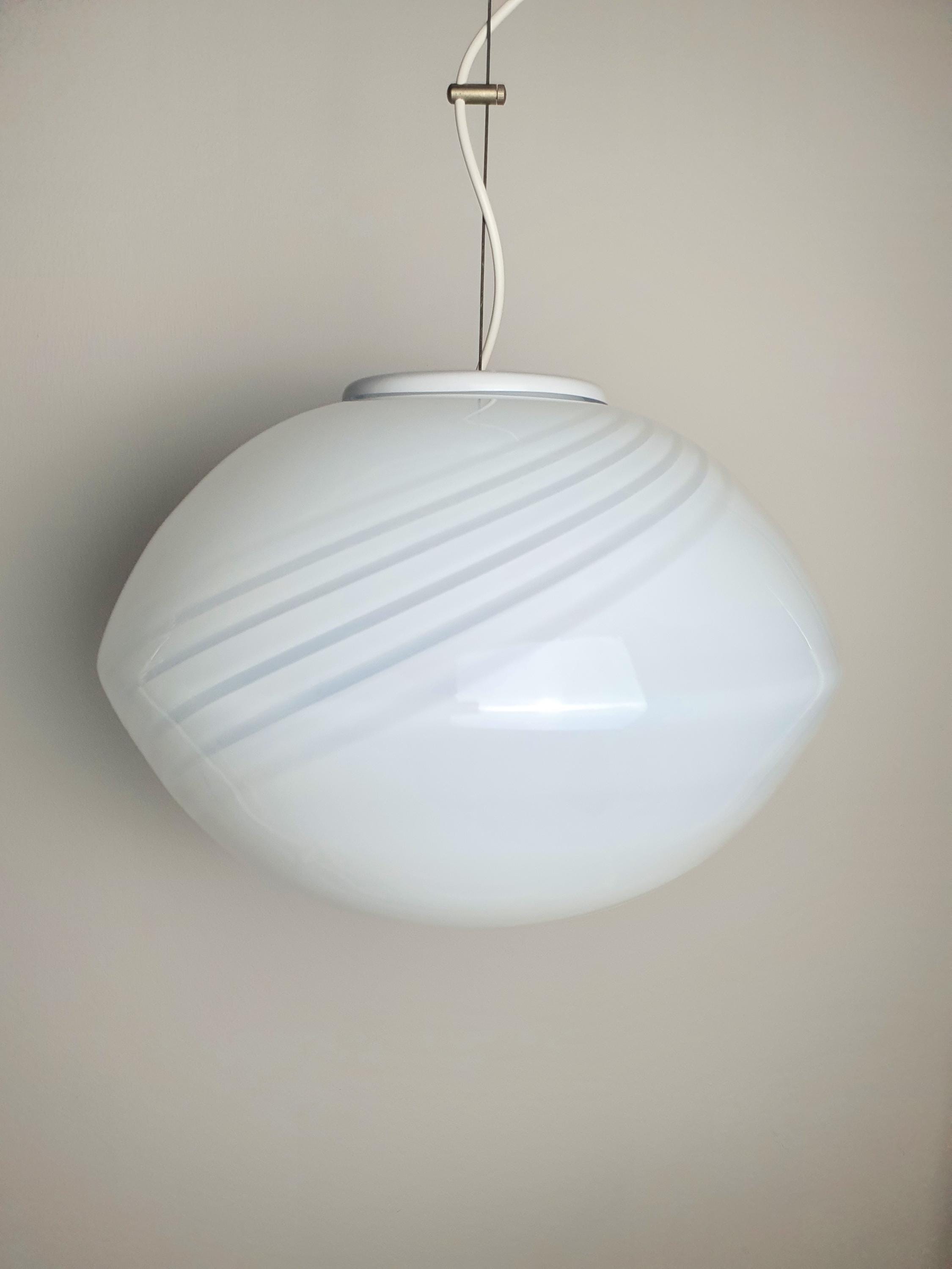 Murano Glass White Swirl Globe Pendant Light Handcrafted Sphere