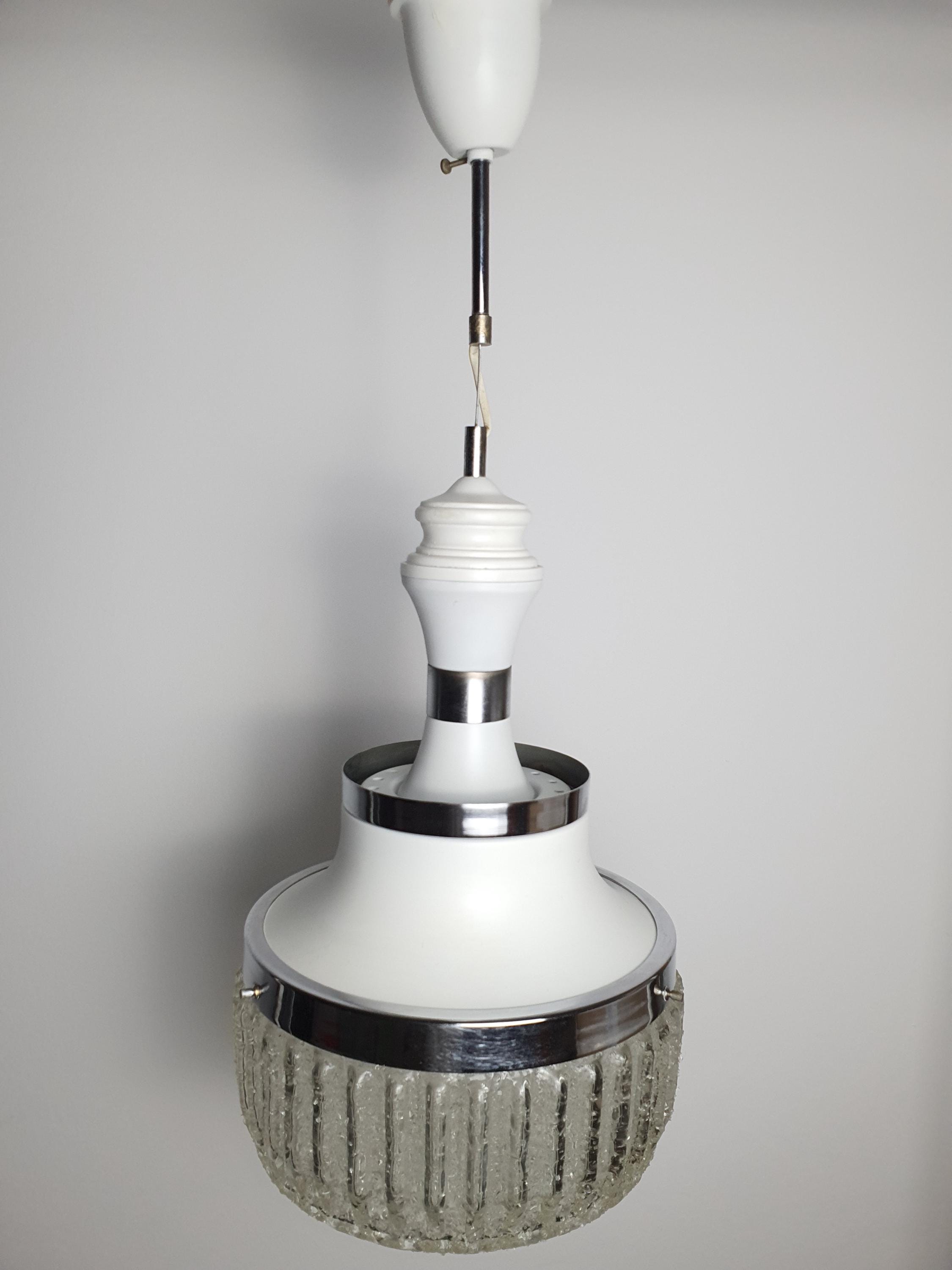 Vintage Italian pendant light — chrome and white structure, side profile