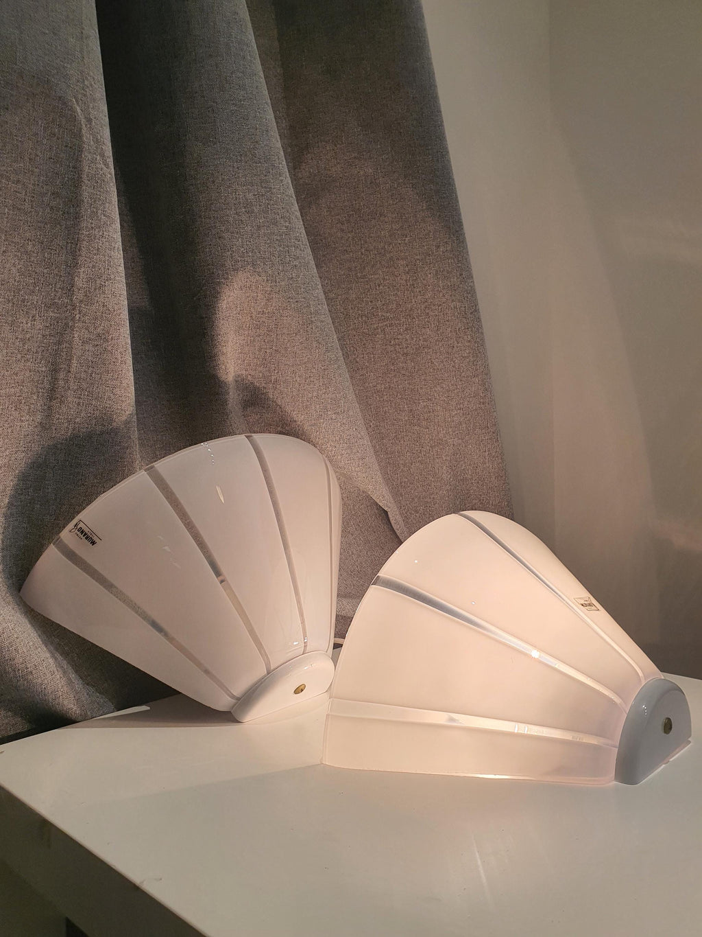 Vintage Murano Glass Wall Sconces: White Striped Cone Light Fixture