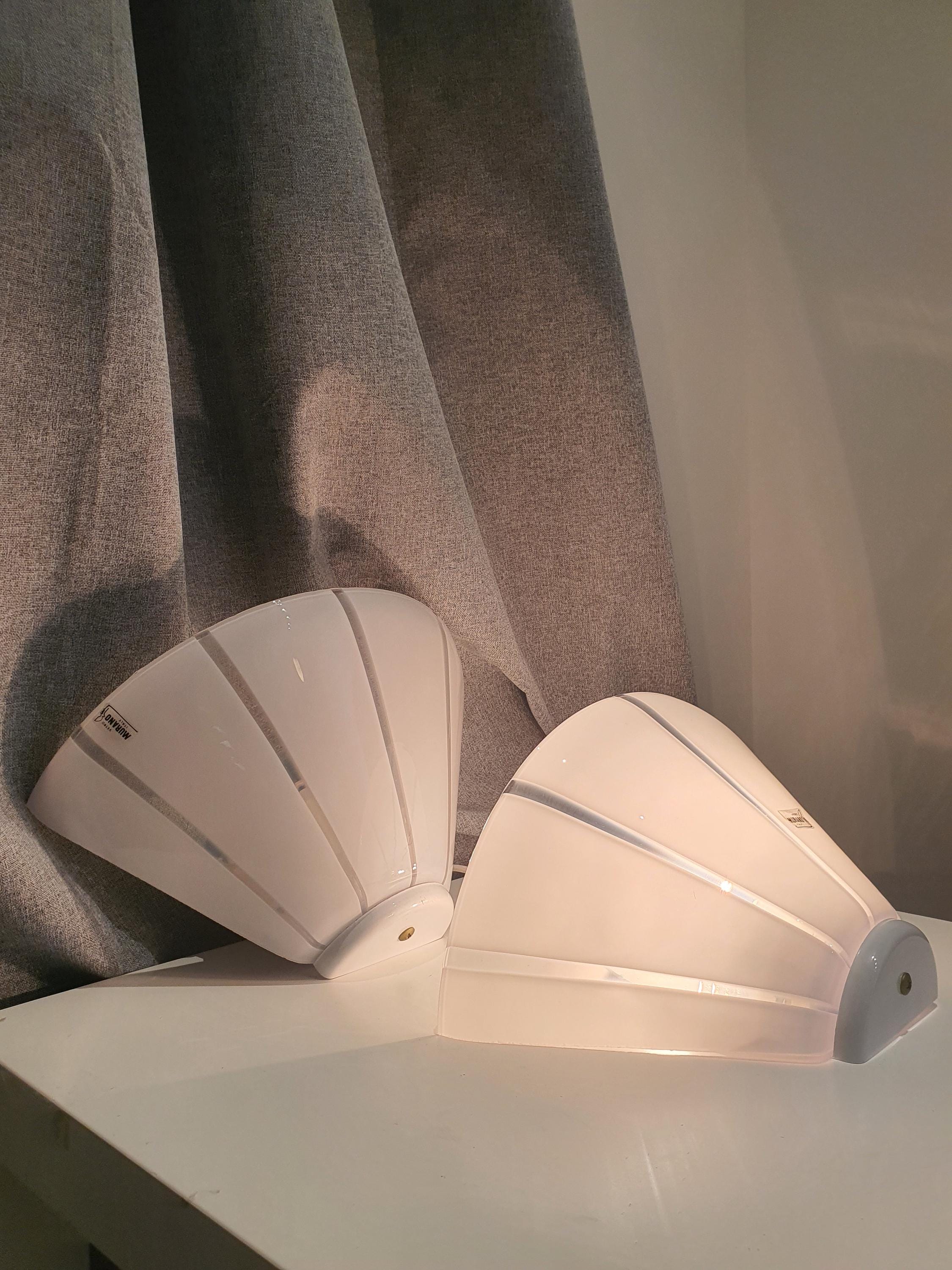 Vintage Murano Glass Wall Sconces: White Striped Cone Light Fixture
