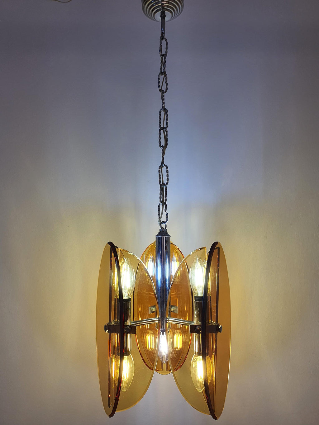 Veca Italian Chandelier 1970s Orange Glass Space Age Pendant Chrome Base