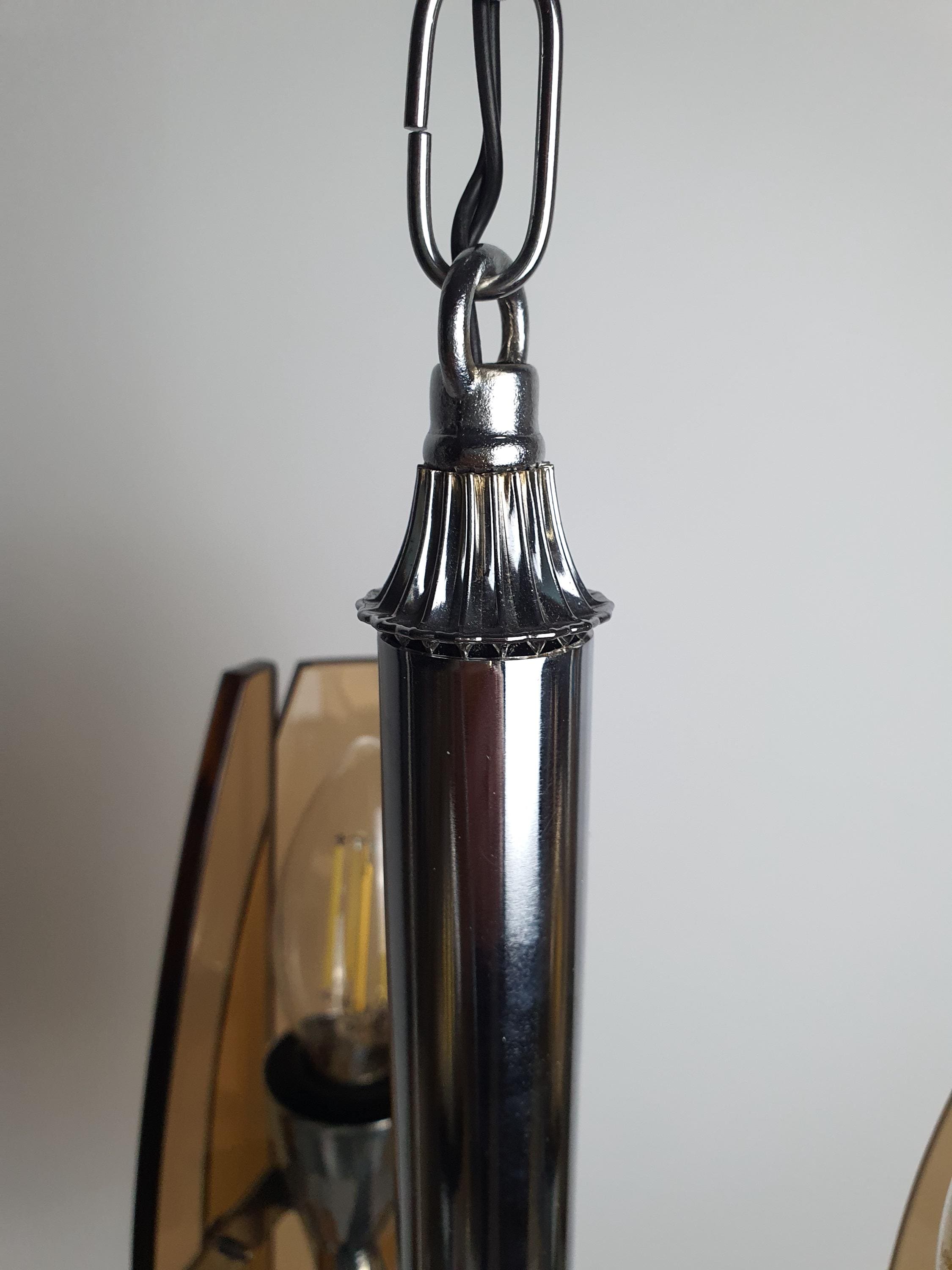 3 Arms Chrome Base Orange Glass Space Age Chandelier by Veca | Retro Vintage Lighting