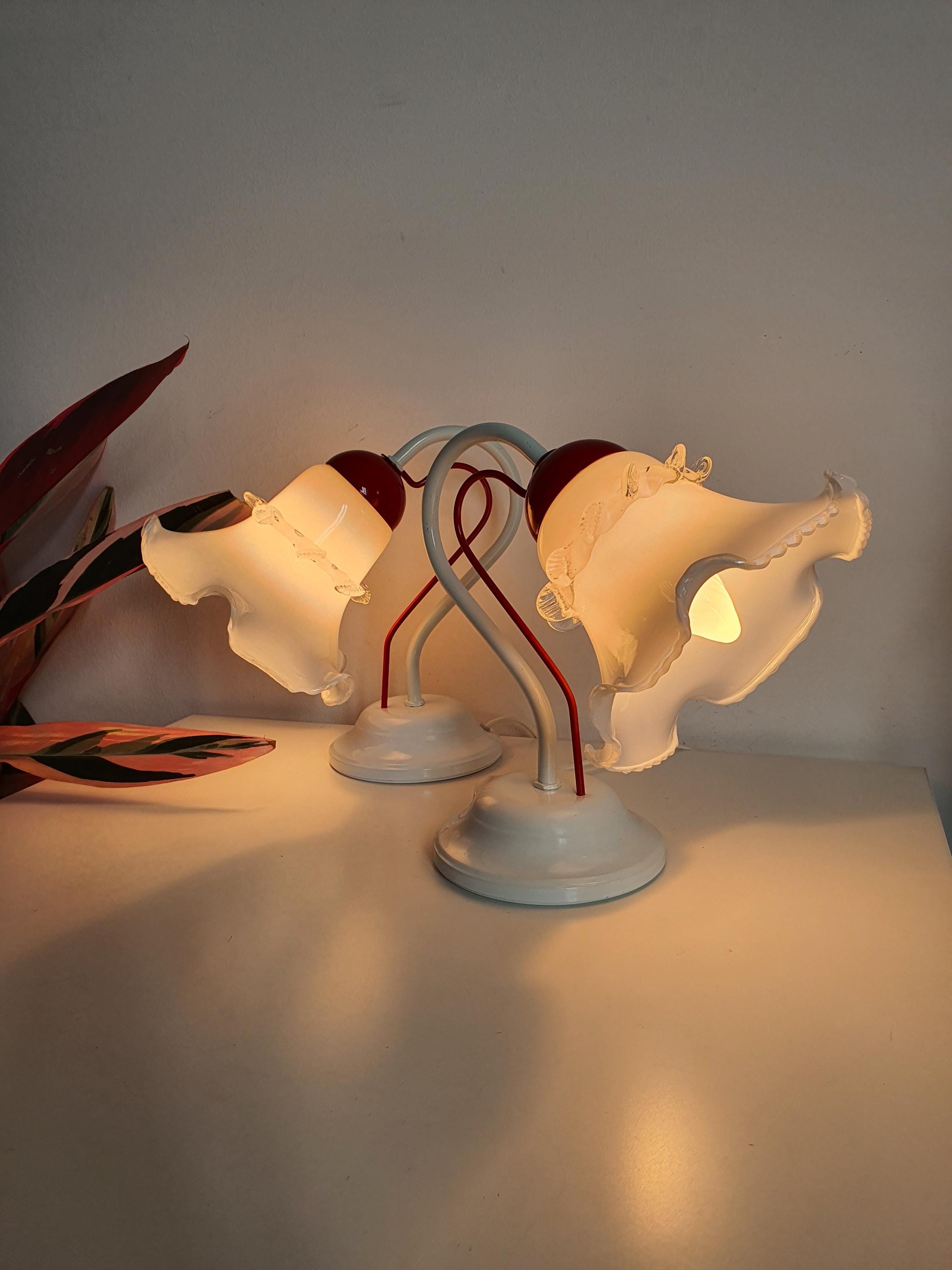 Murano Glass Tulip Table Lamps: Mid-Century Modern Floral Bedside Lights