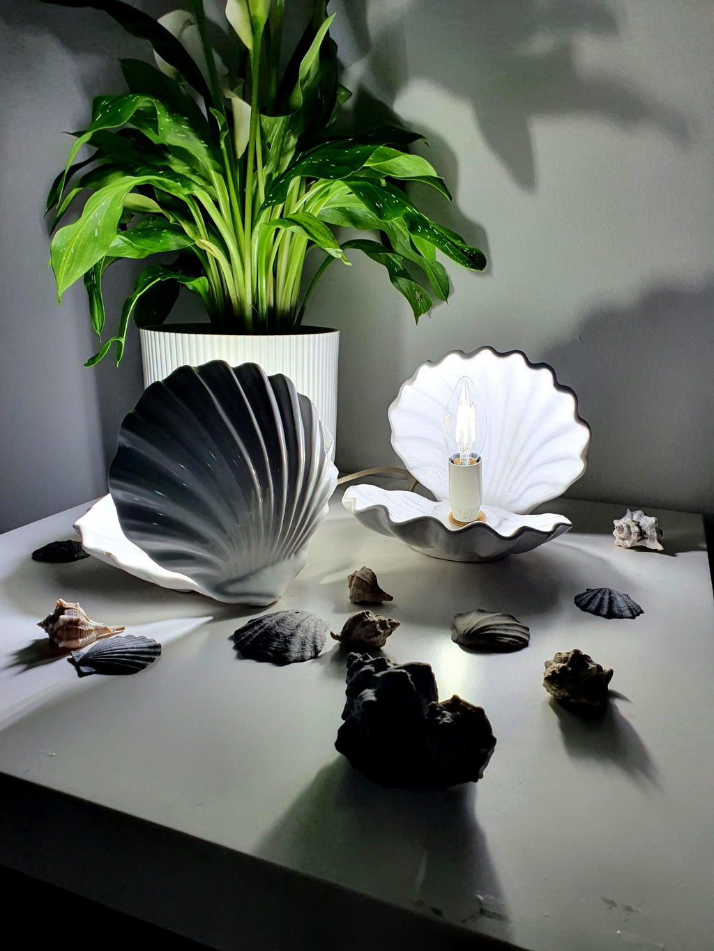 Pair of vintage white ceramic shell shaped bedside lights