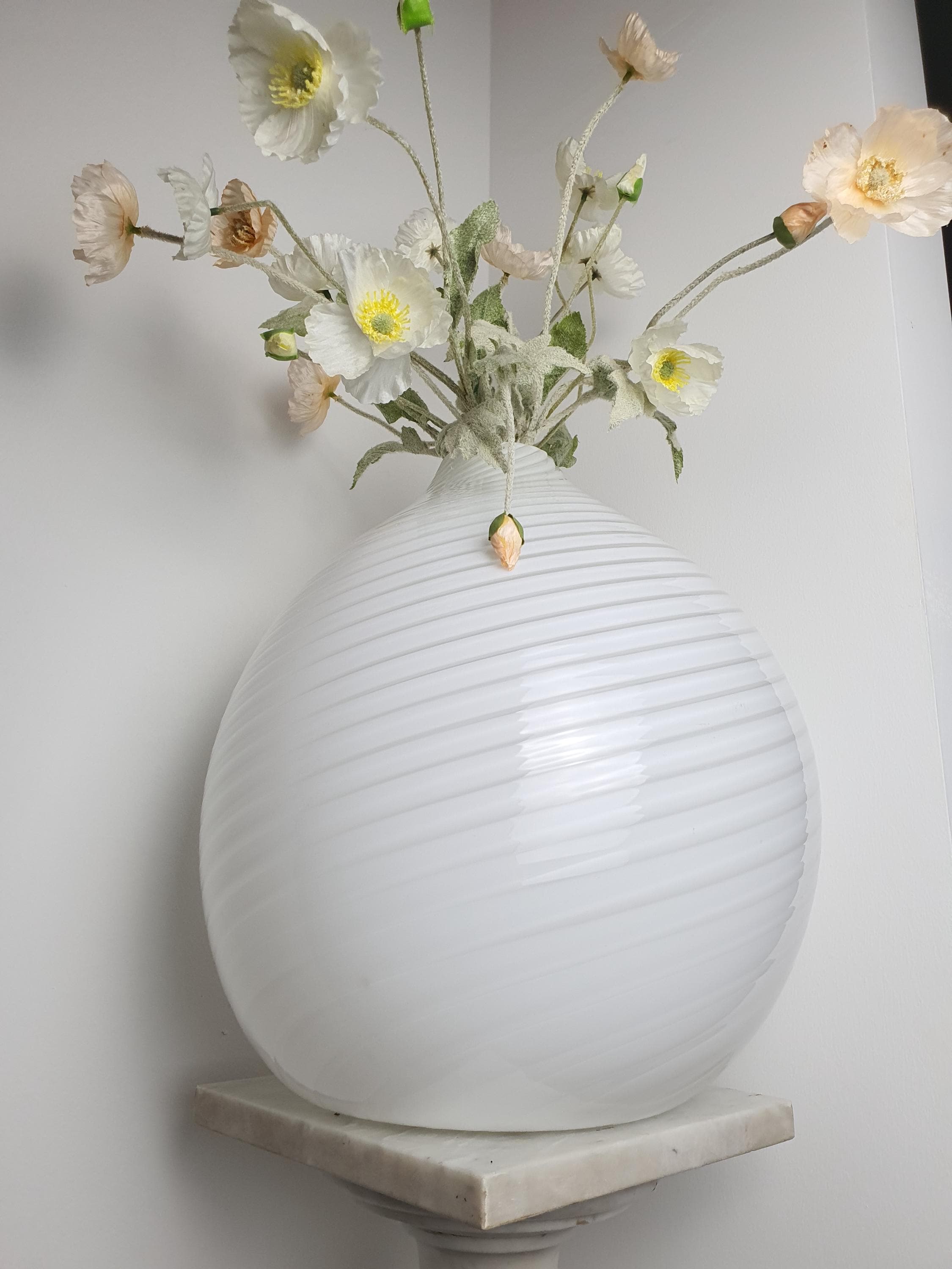 Large Vintage Murano Glass Vase – White Swirl Globe, Scandinavian Minimalist
