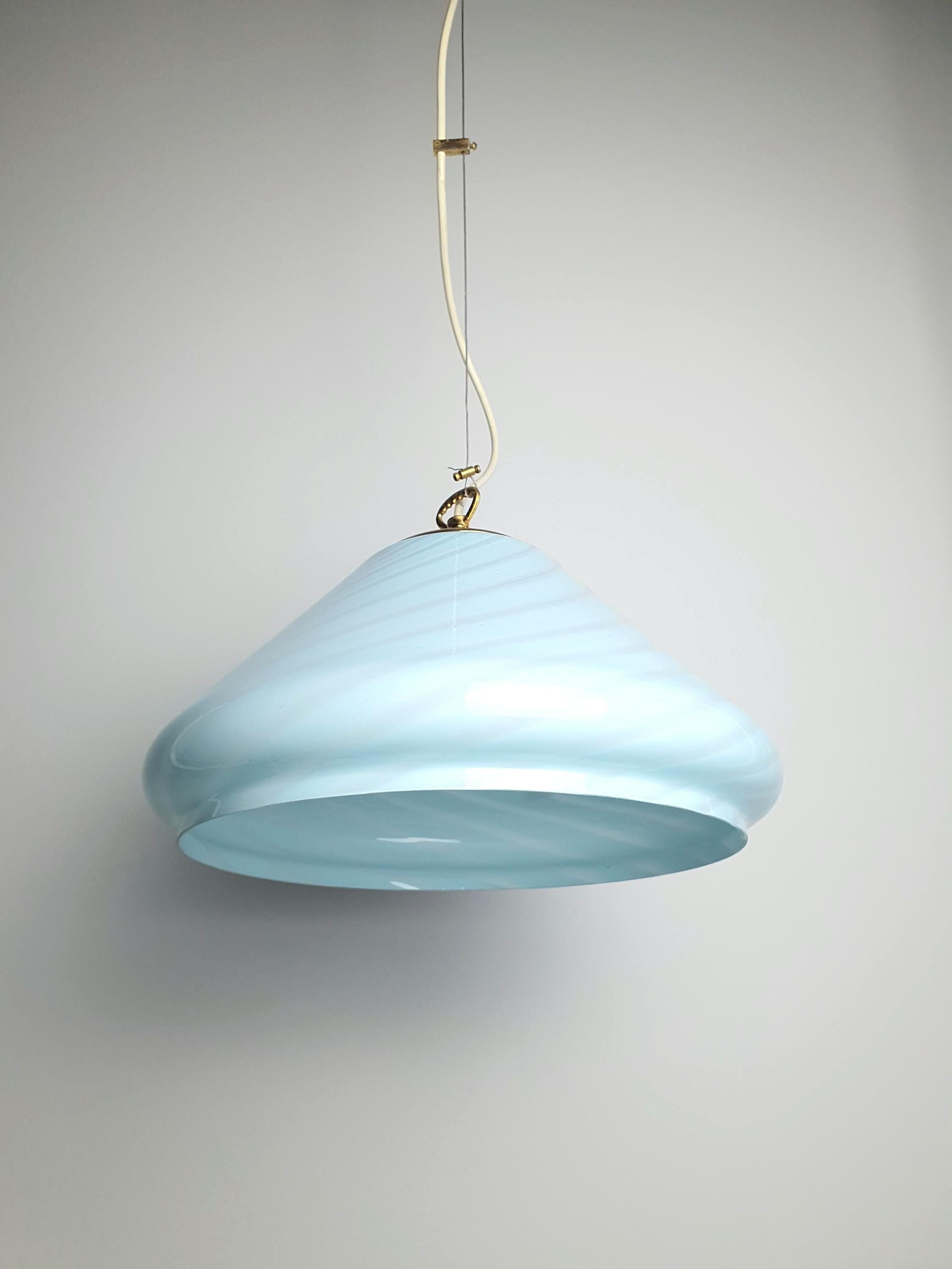 Labelled Murano light blue candy swirl bell pendant light