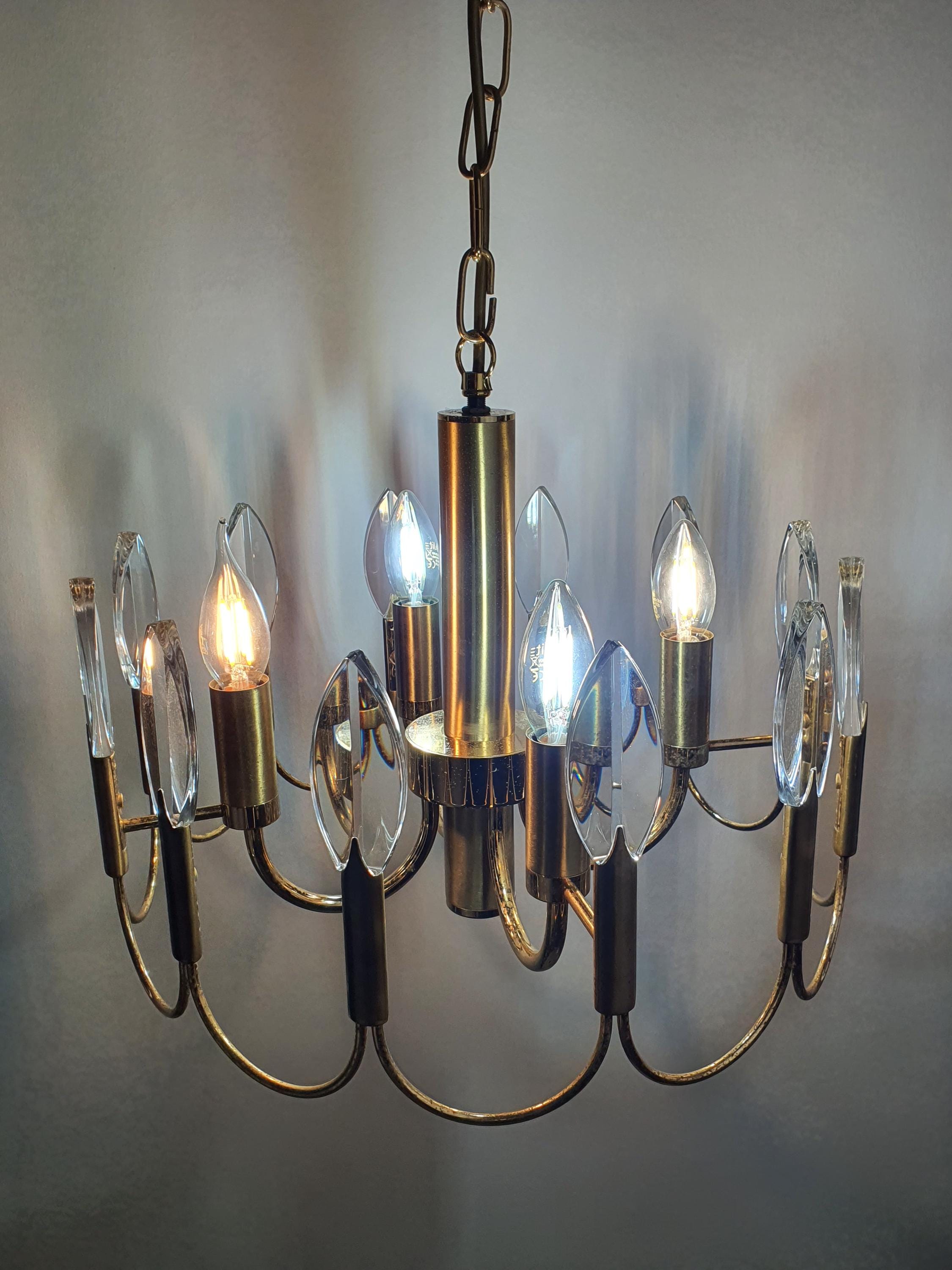 Vintage Brass & Crystal 4-Arm Chandelier – Attributed to Sciolari, Double-Wave, Hollywood Regency, 1960s–1970s