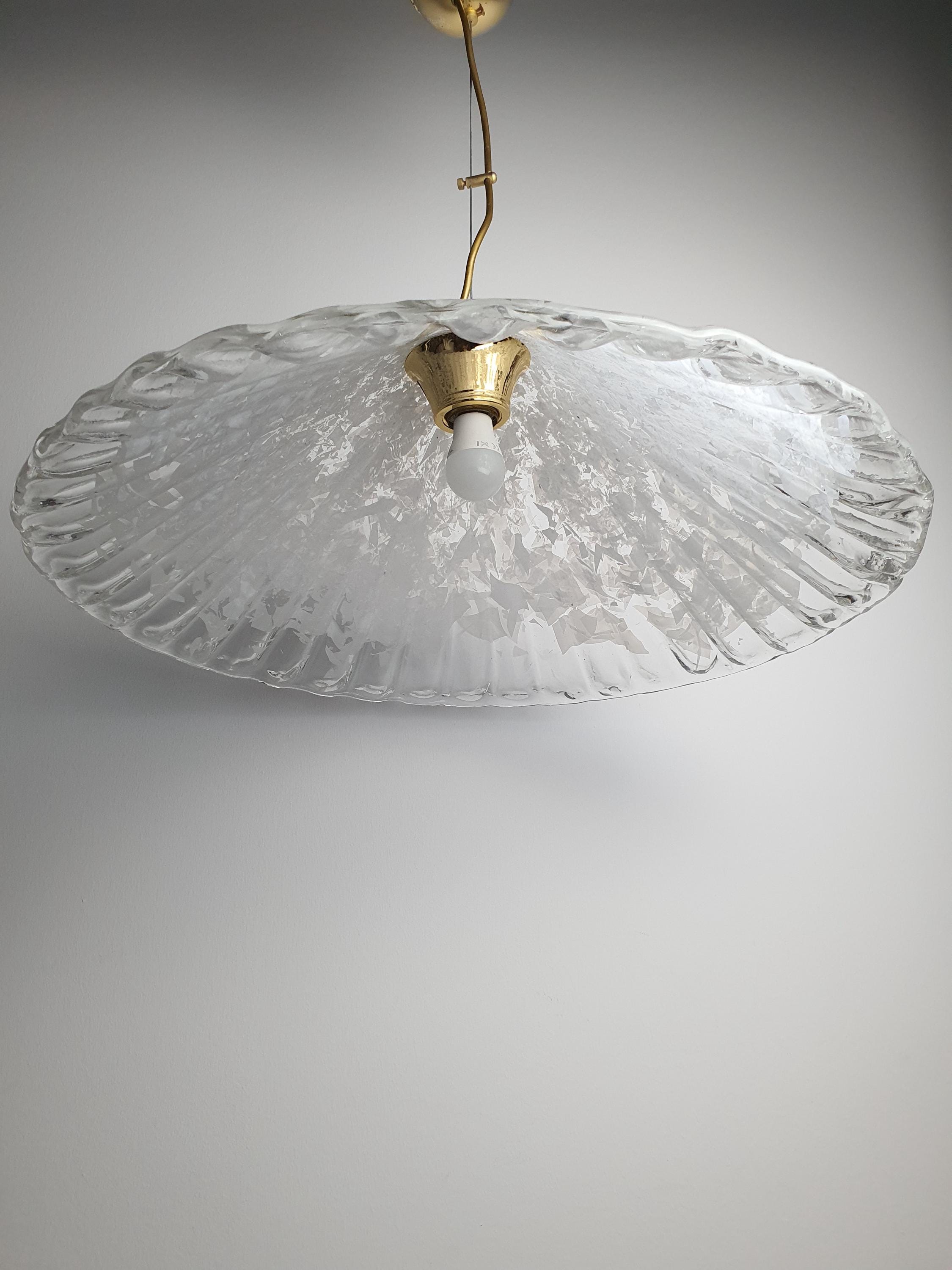 Underside view of vintage Murano glass shell pendant, E27 socket, clear and white layered glass