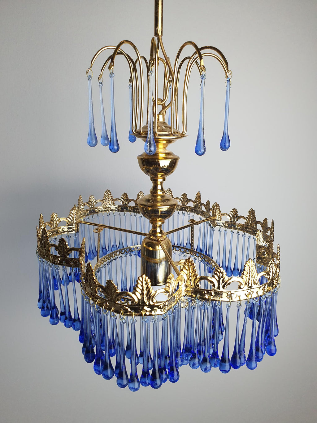 Small Vintage Teardrop Cascade Chandelier with Navy Blue Glass Drops on Gold Base | Hollywood Regency Lighting