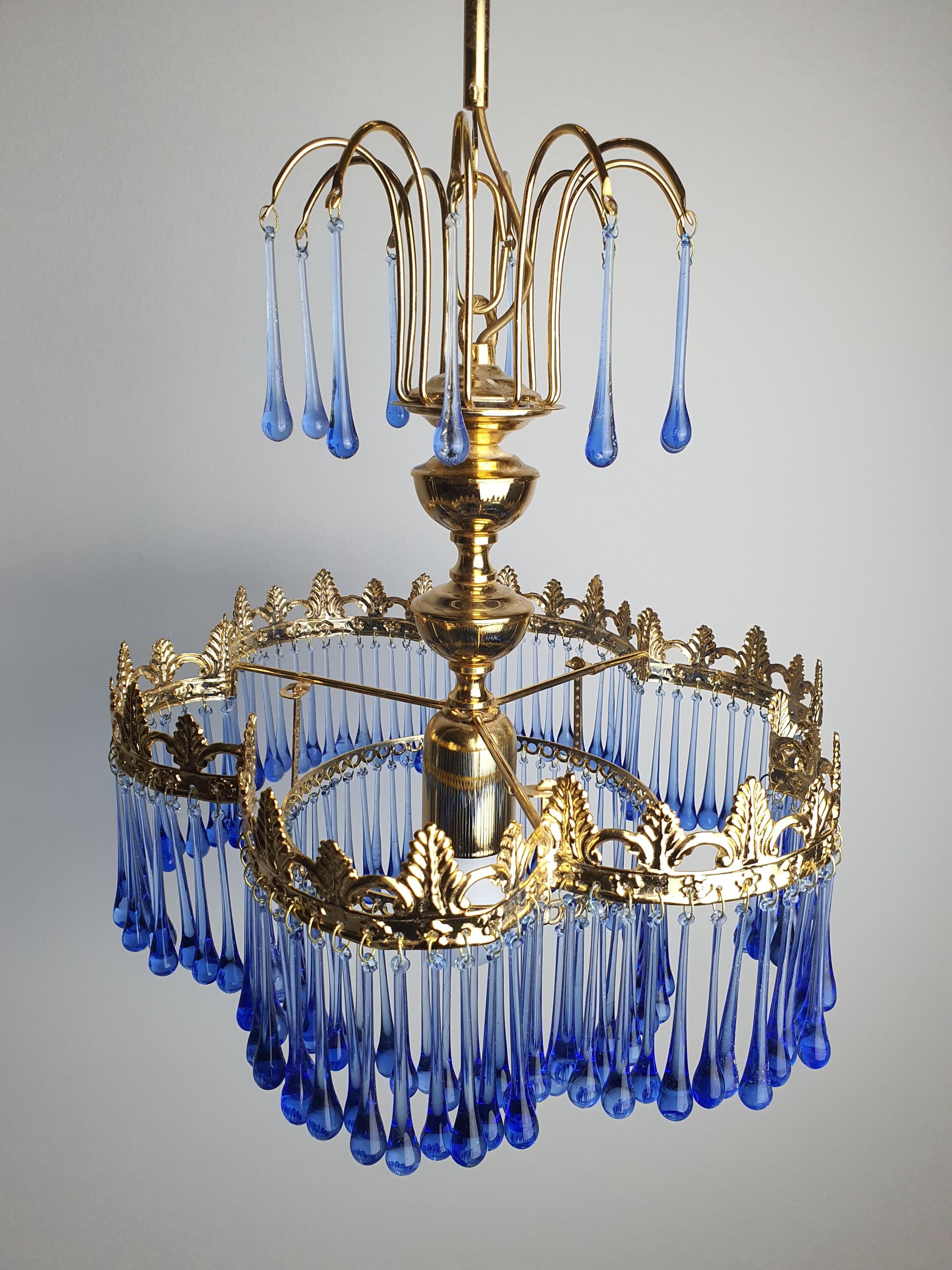 Small Vintage Teardrop Cascade Chandelier with Navy Blue Glass Drops on Gold Base | Hollywood Regency Lighting