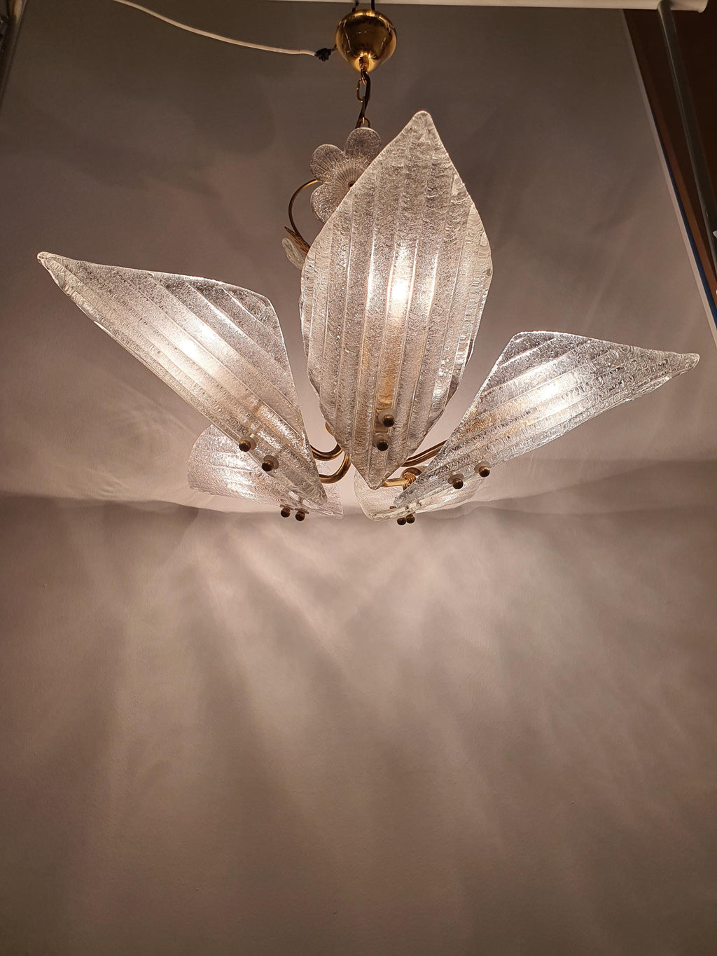 Vintage Murano Frosted Glass 5-Arm Chandelier | Hollywood Regency Lighting | Mid-Century Italian