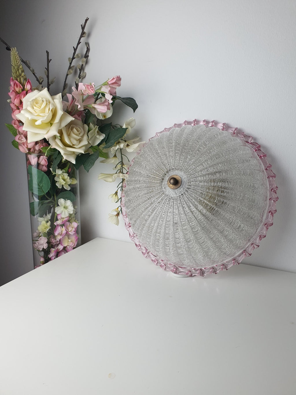 Vintage Floral Murano Glass Flush Mount – Frosted Sand Finish with Pink Edge