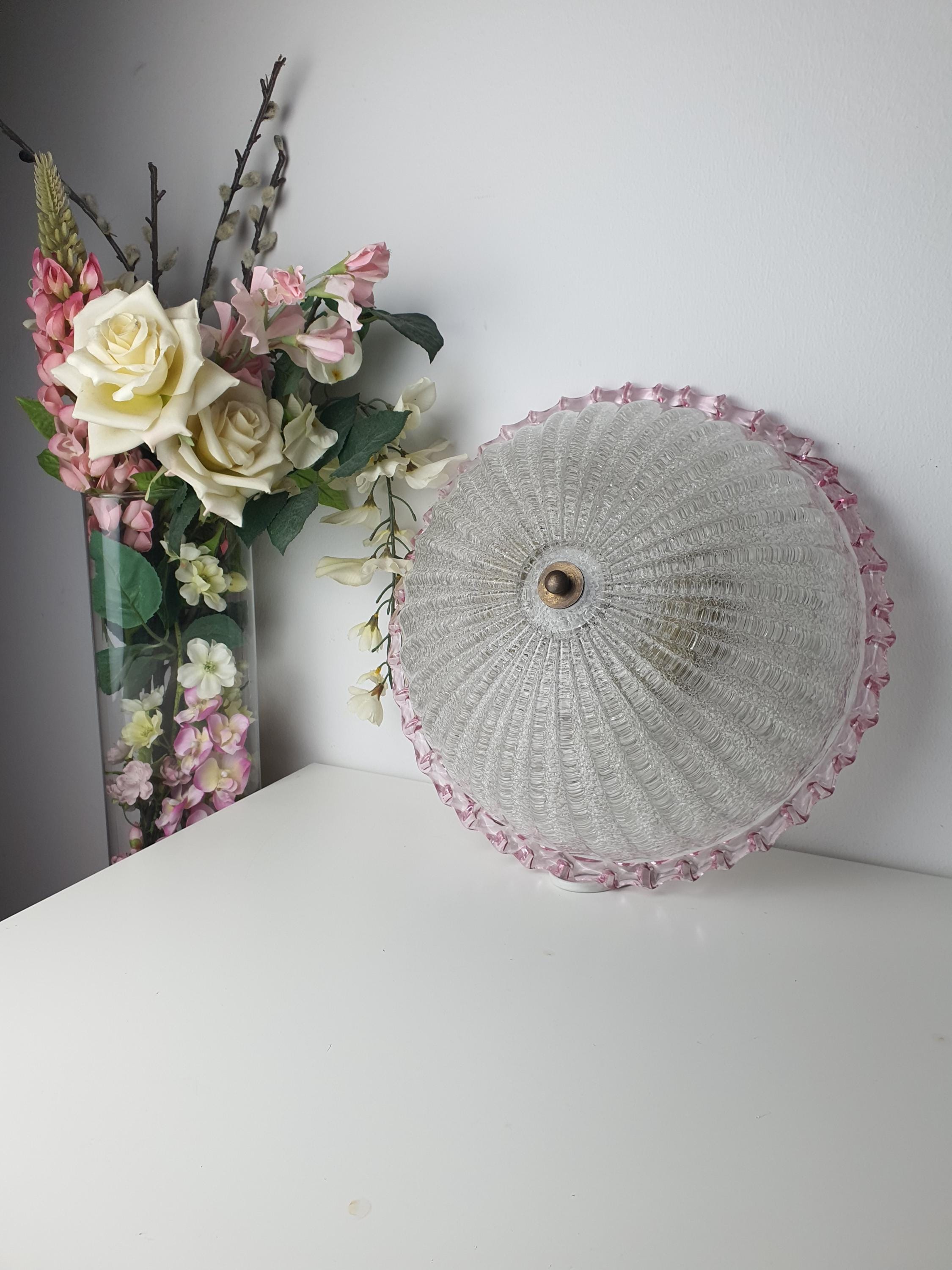 Vintage Floral Murano Glass Flush Mount – Frosted Sand Finish with Pink Edge