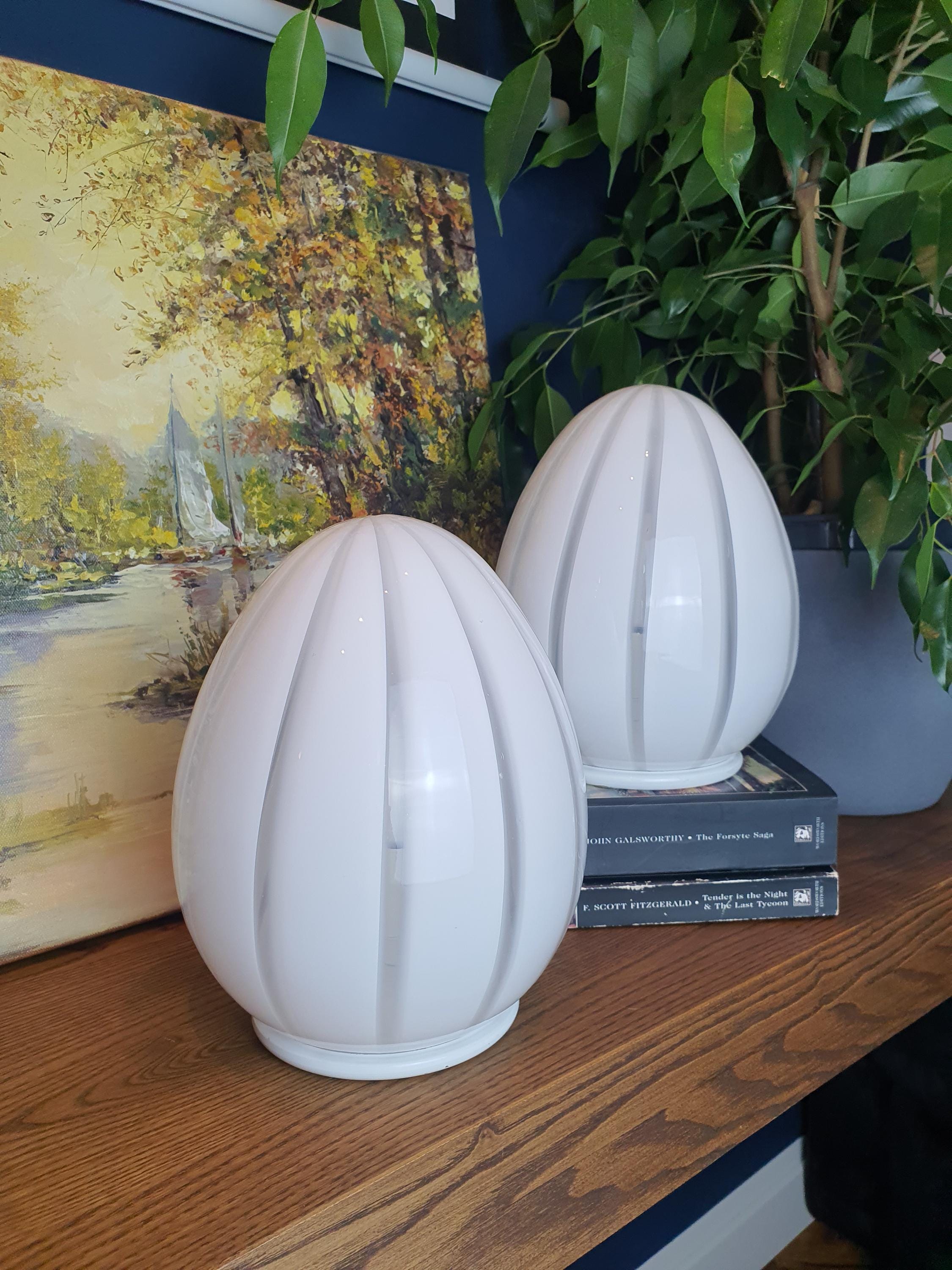 Murano Glass Bedside Lamps: Striped Egg Shape, Mid-Century Modern