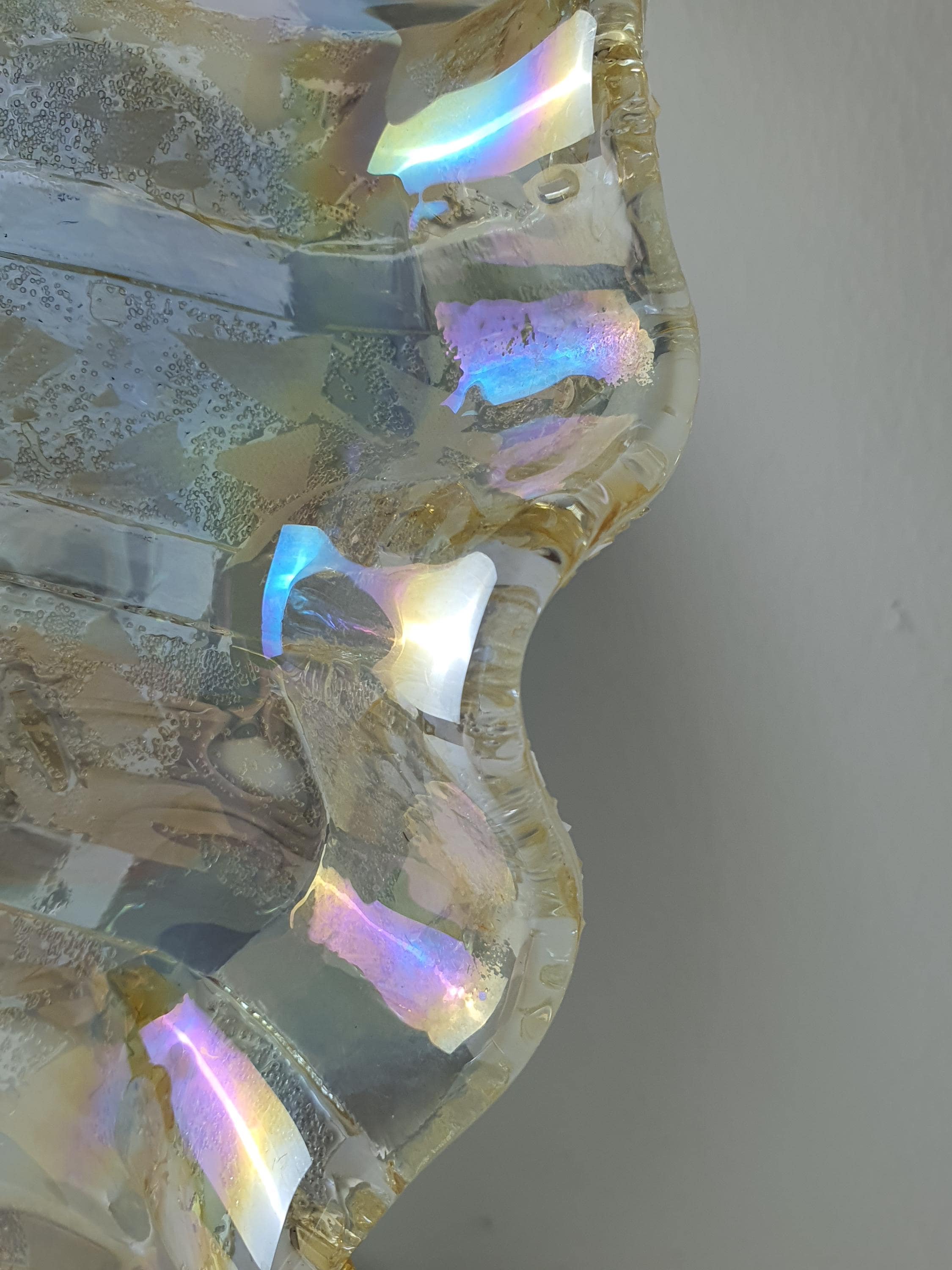 Murano shell ceiling light front view, iridescent petrol blue green violet gold finish, clear stripe and white inclusion detail