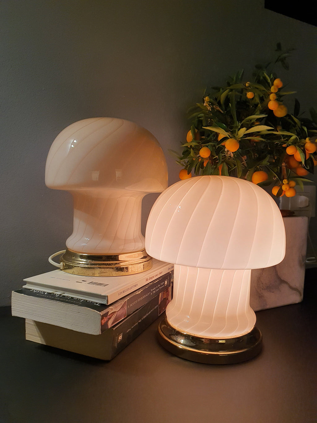 Vintage Murano Glass Mushroom Lamps: Peach Pink Atomic Table Lamps, 1970s MCM