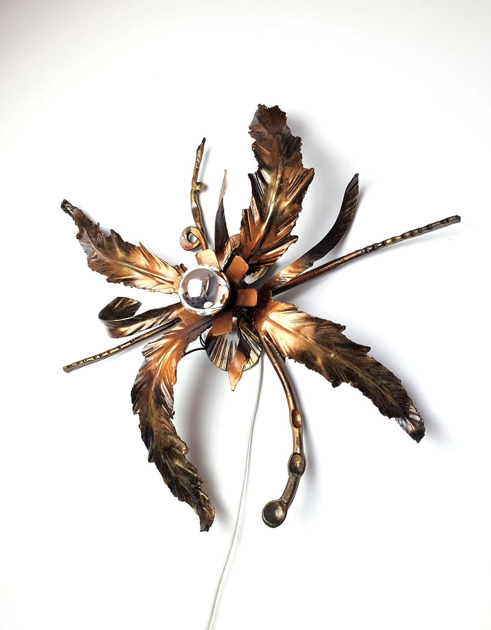 Large vintage 1980s botanical wall or ceiling light with bronze and gilded metal leaves
