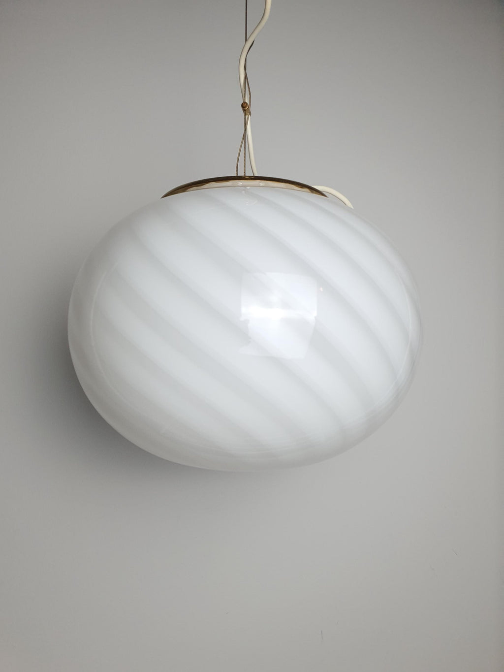Murano Glass Pendant Light: White Swirl Globe, Vintage MCM Chandelier