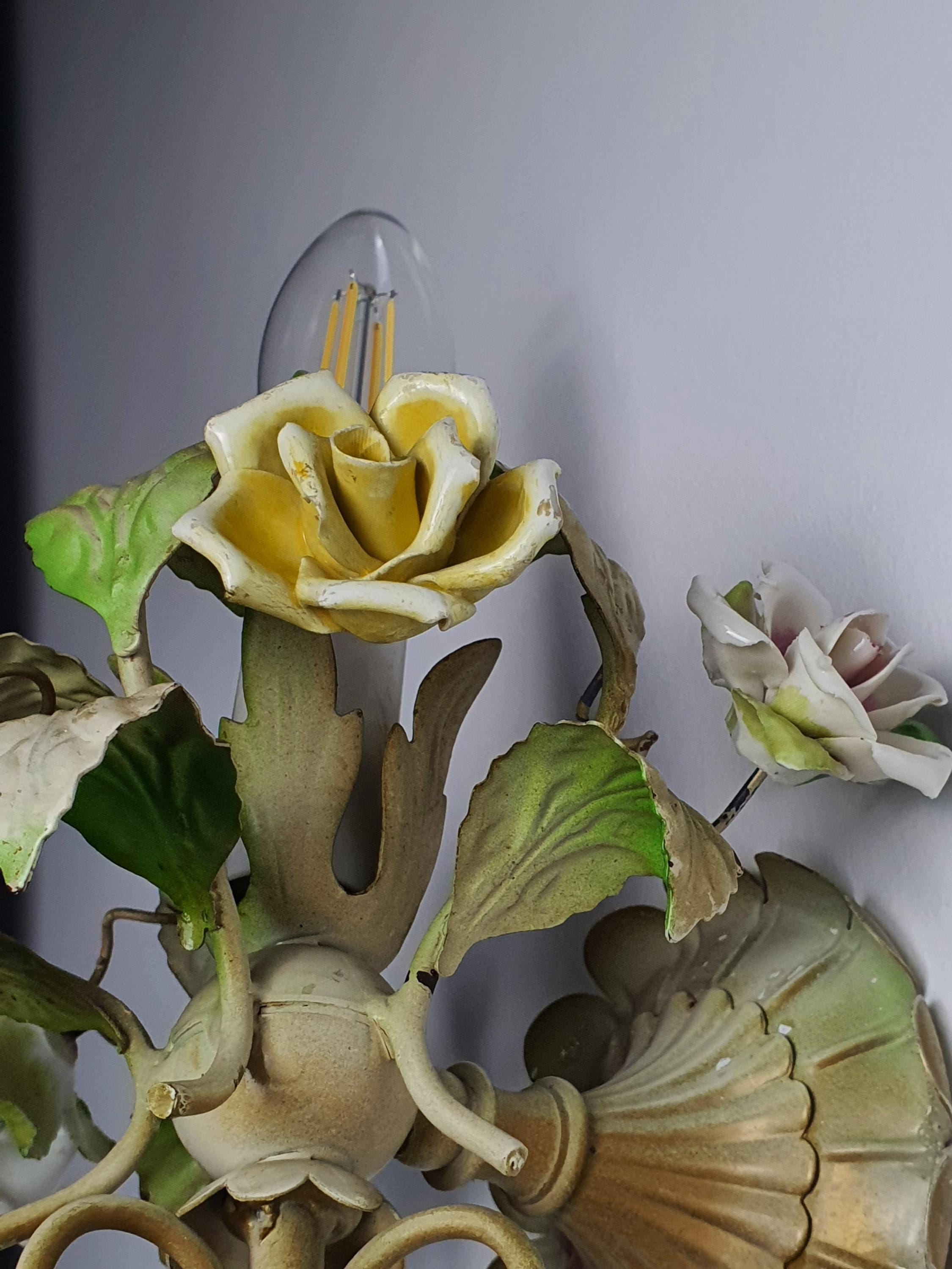Pair of Vintage 1950s Italian Tole Wall Sconces | Green & Porcelain Roses | Romantic Cottage Lighting