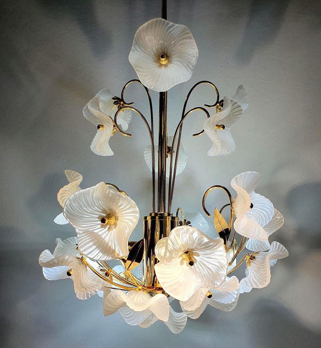 Vintage Murano glass white flower bouquet chandelier, ribbed semi-transparent petals, gold-toned frame, Hollywood Regency, Italy 1960s–1970s