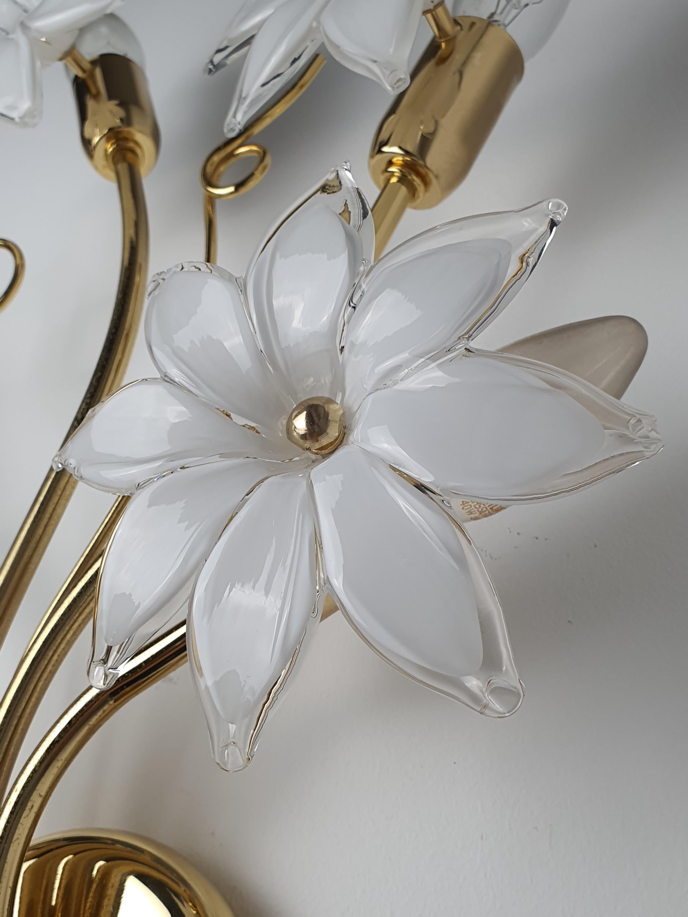 Vintage Italian Murano glass floral wall sconces in hallway, asymmetrical 5-bloom pair, gold frame, Art Nouveau botanical wall sculpture